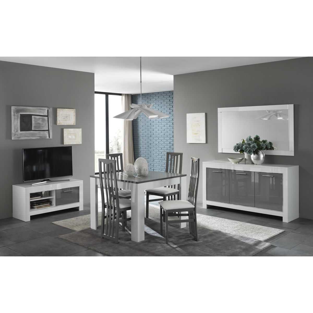 Buffet design moderne 3 portes laqué brillant bicolore L160 cm MILANO