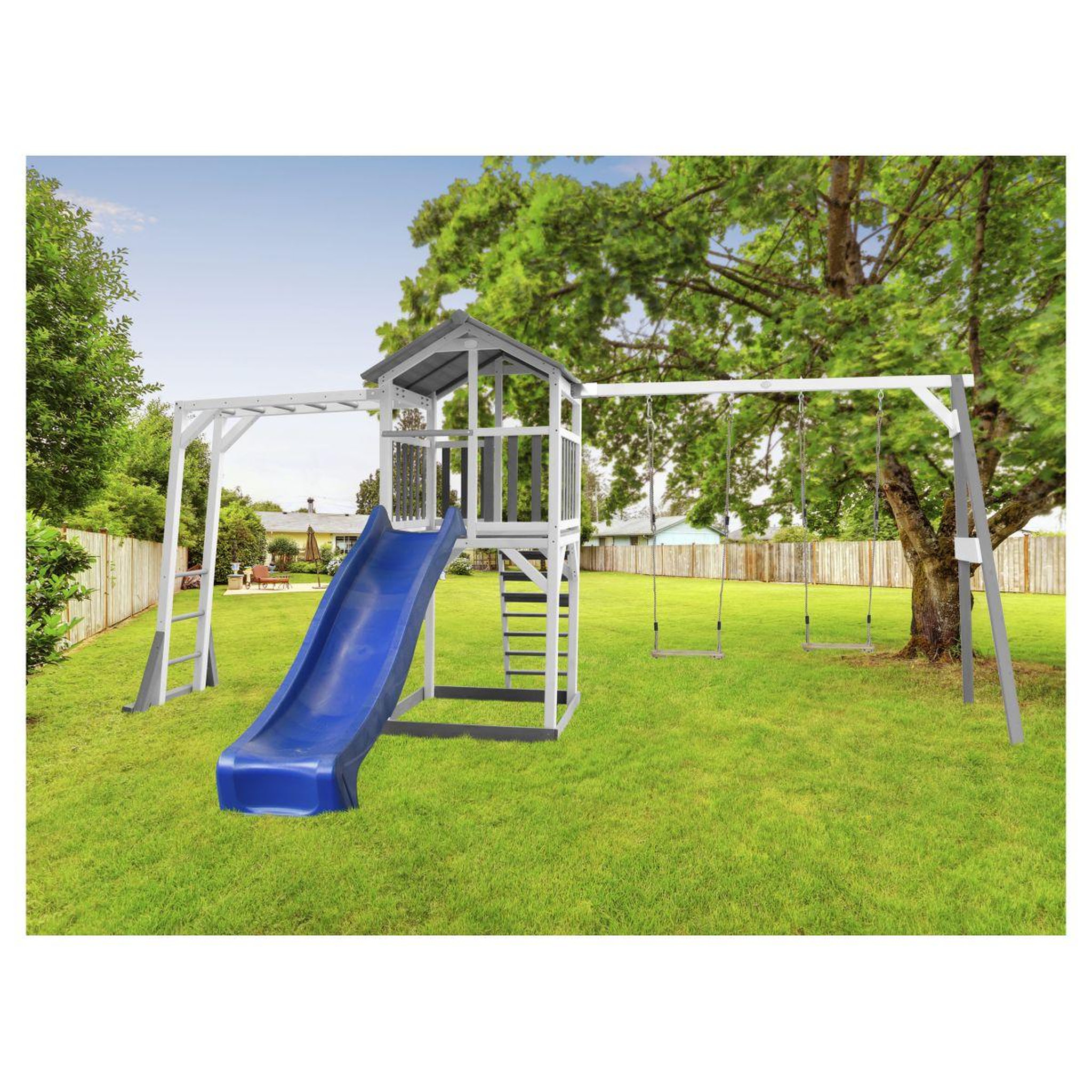 Voir la diapositive 7 : AXI Aire de jeux avec toboggan et échelle d'escalade - Bois - H2,42m - BEACH TOWER