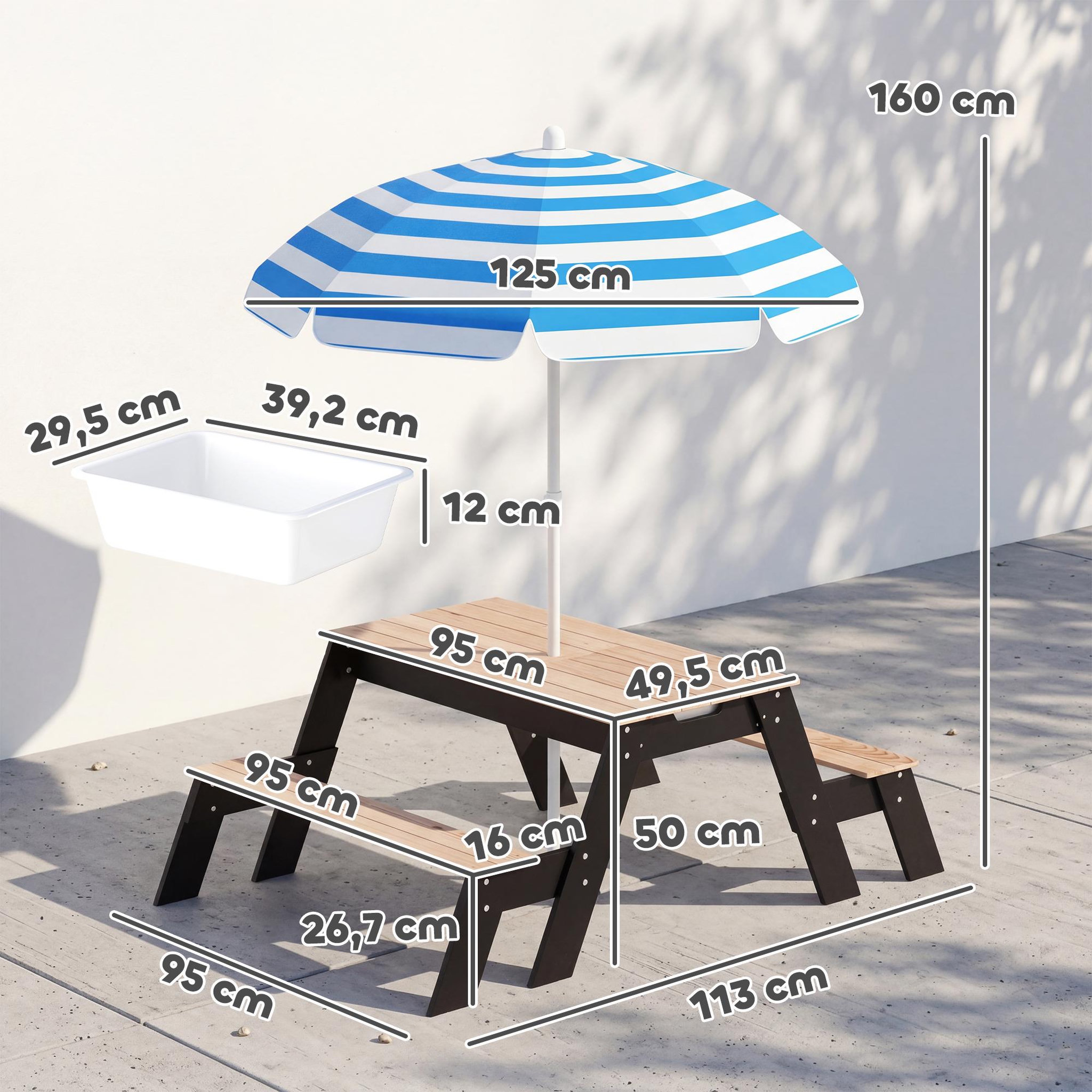 Voir la diapositive 3 : HOMCOM Table de pique-nique enfant bois avec parasol et 2 bacs