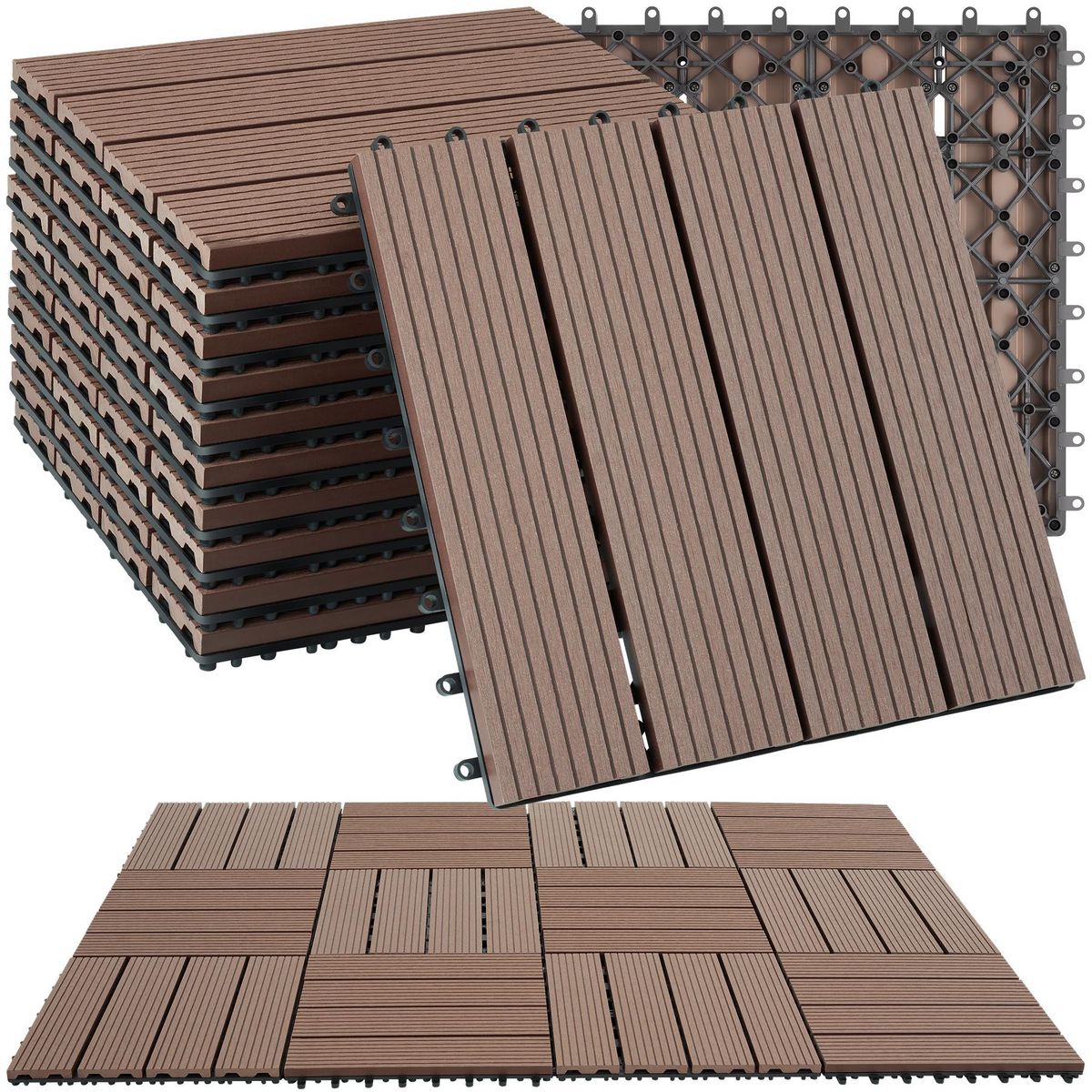 tectake Dalles de terrasse Lot de 11 dalles avec système de clic marron Ensemble de 11 pièces