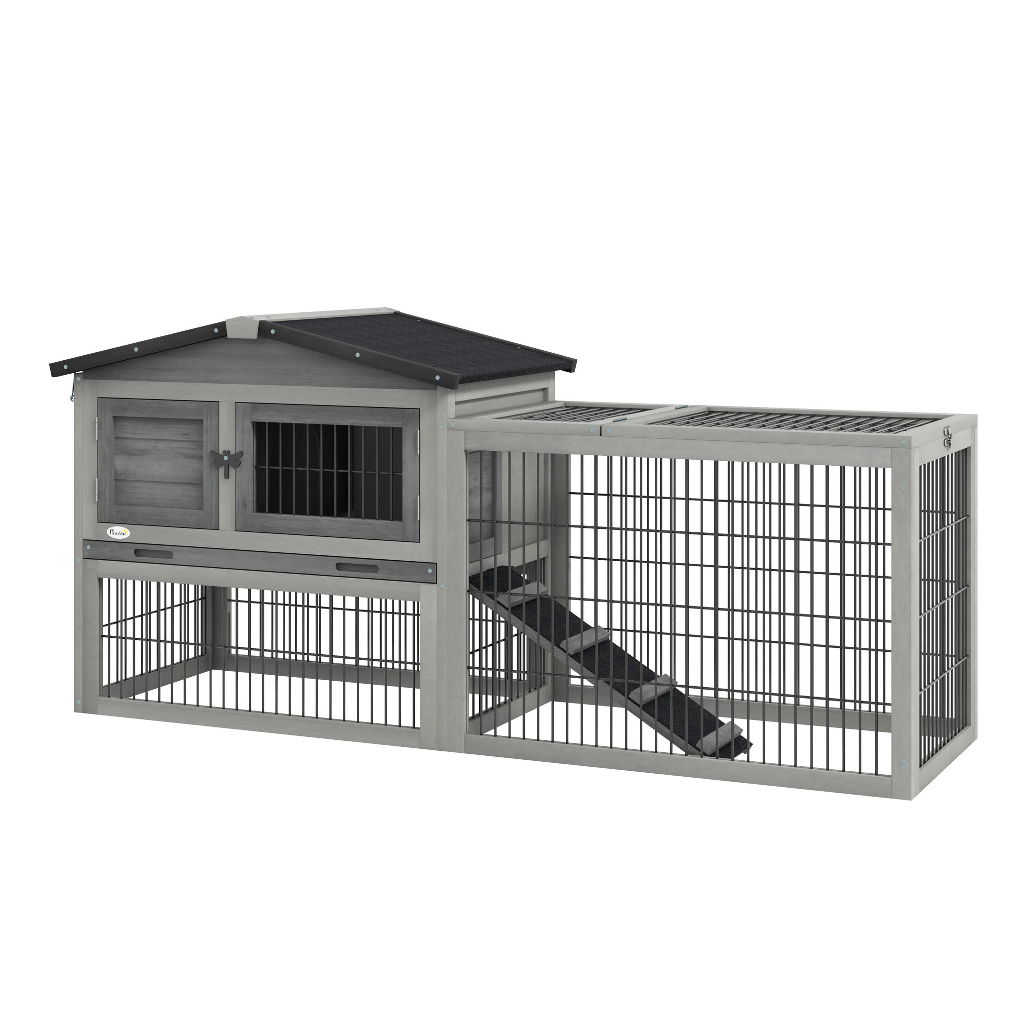 PAWHUT Clapier cage à lapins cottage - niche haute, rampe, enclos extérieur - plateau excrément, toit ouvrant, 2 portes verrouillables - bois gris