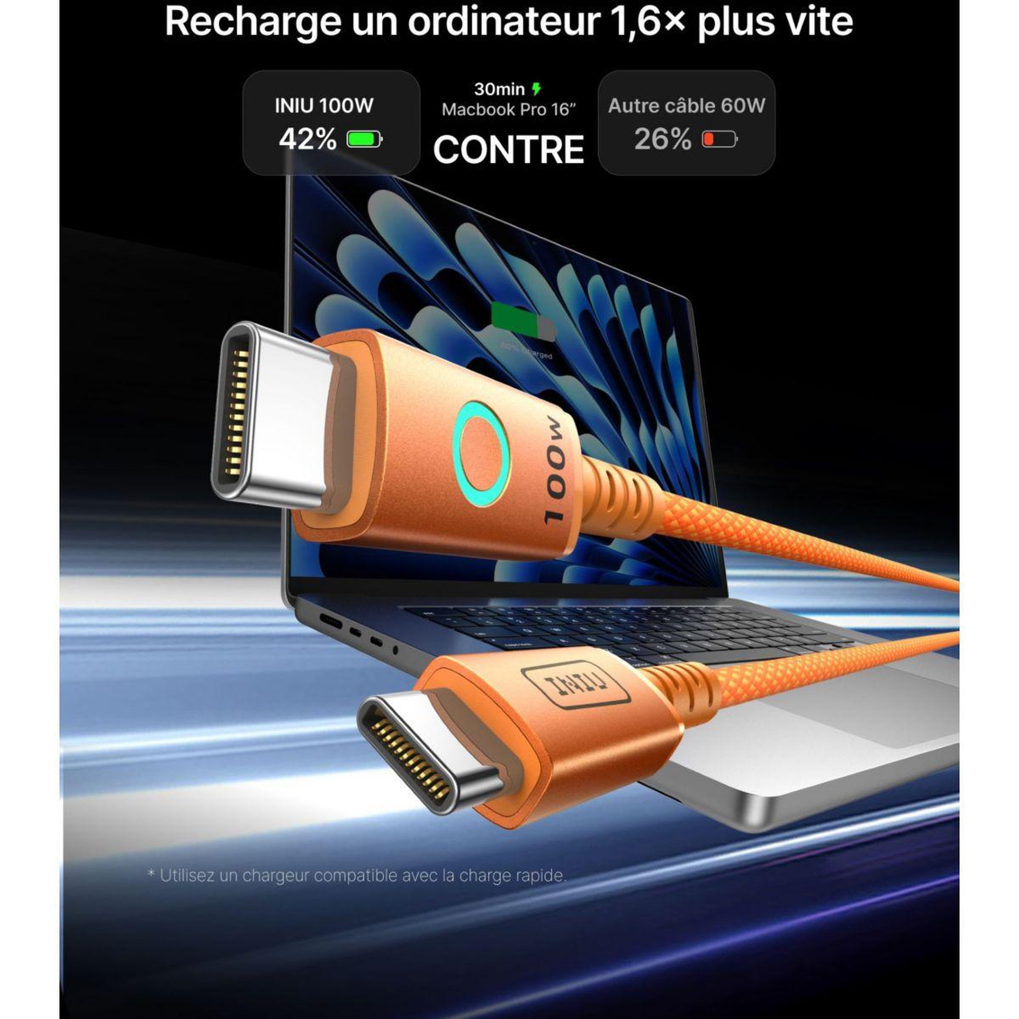 Voir la diapositive 4 : INIU Câble usb c 100w usb-c/usb-c 2m leopard orange