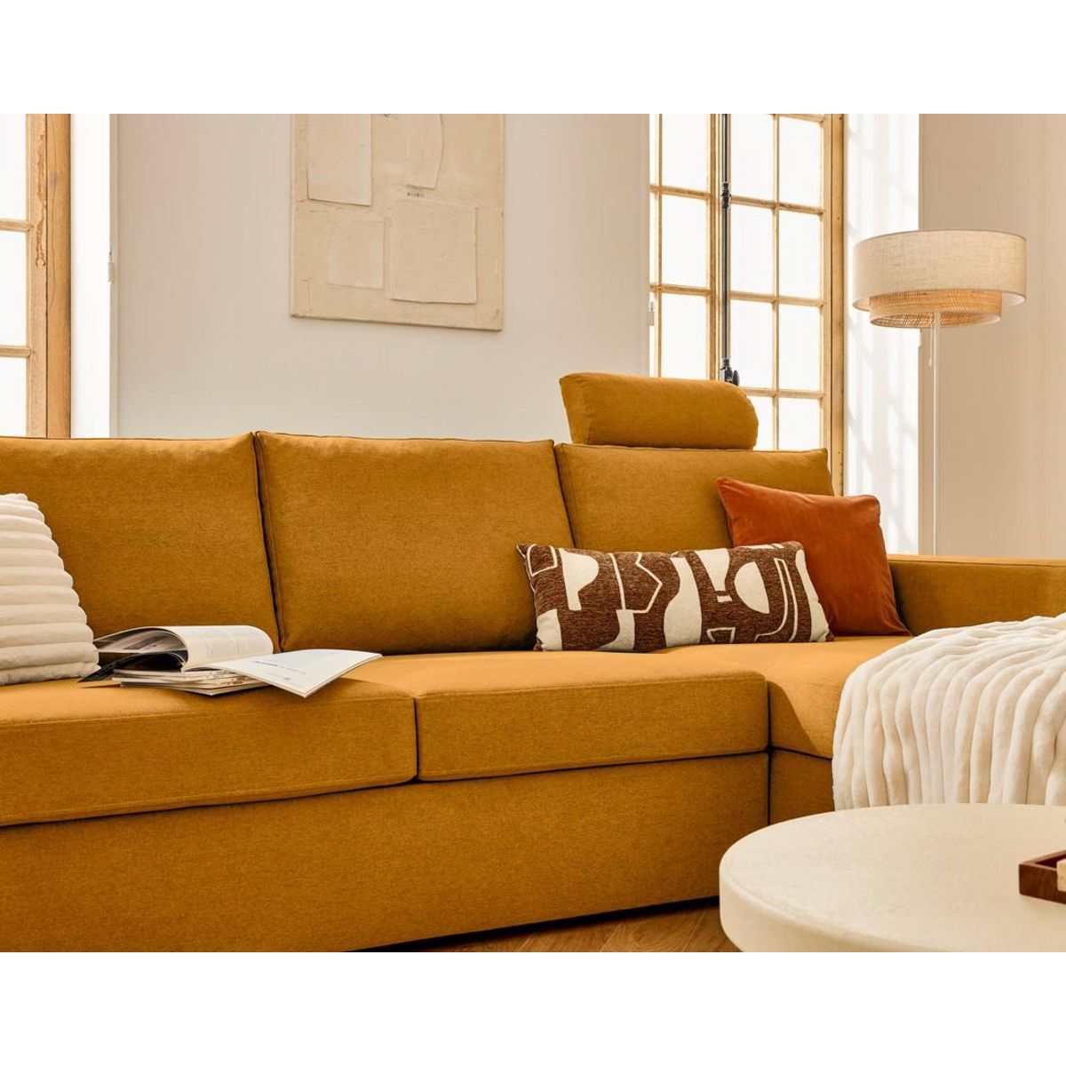 BEST MOBILIER Barrie - canapé d'angle réversible 4 places avec têtière amovible en tissu