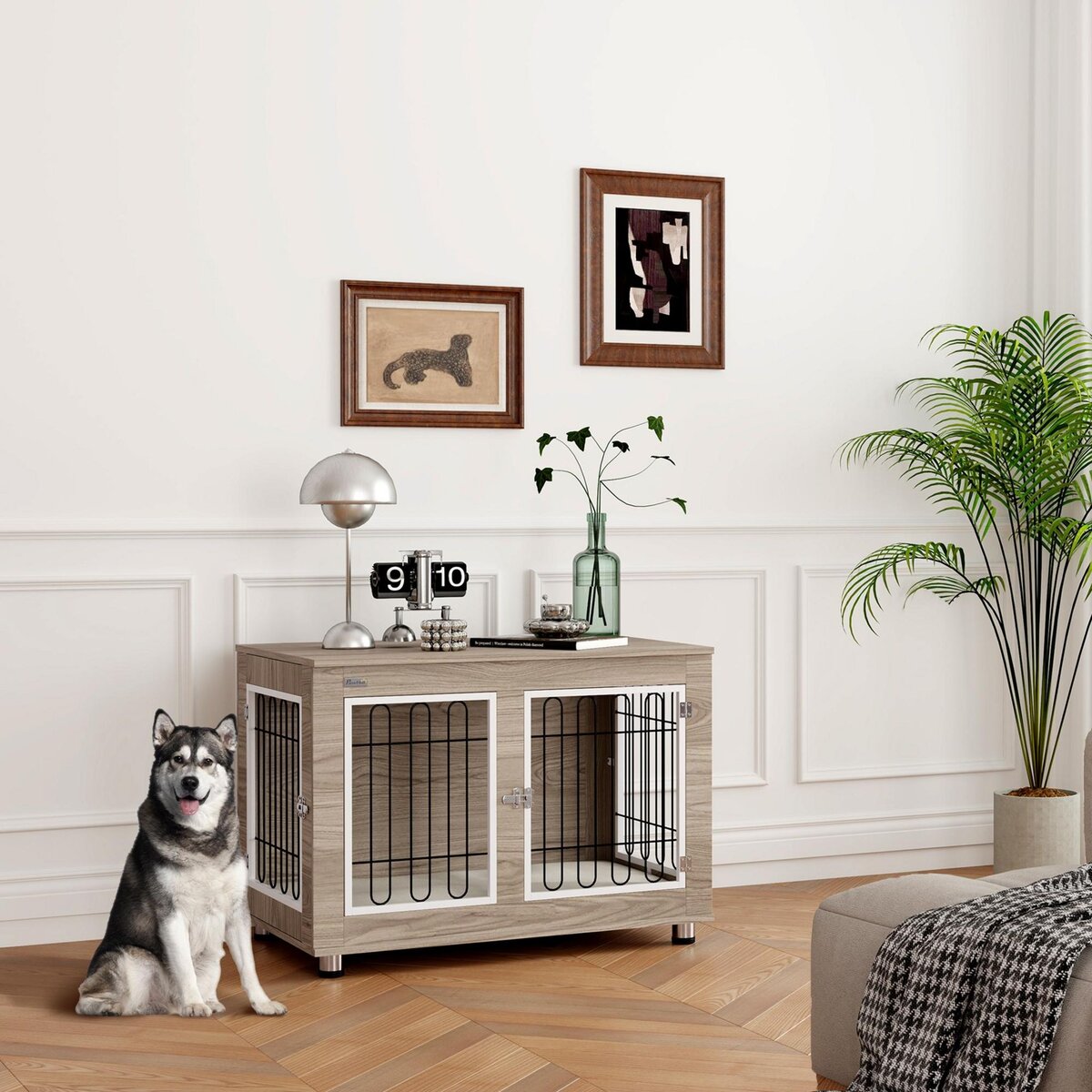 PAWHUT Cage pour chien sur pied - 2 portes verrouillables, coussin déhoussable inclus - acier filaire noir panneaux aspect bois brun