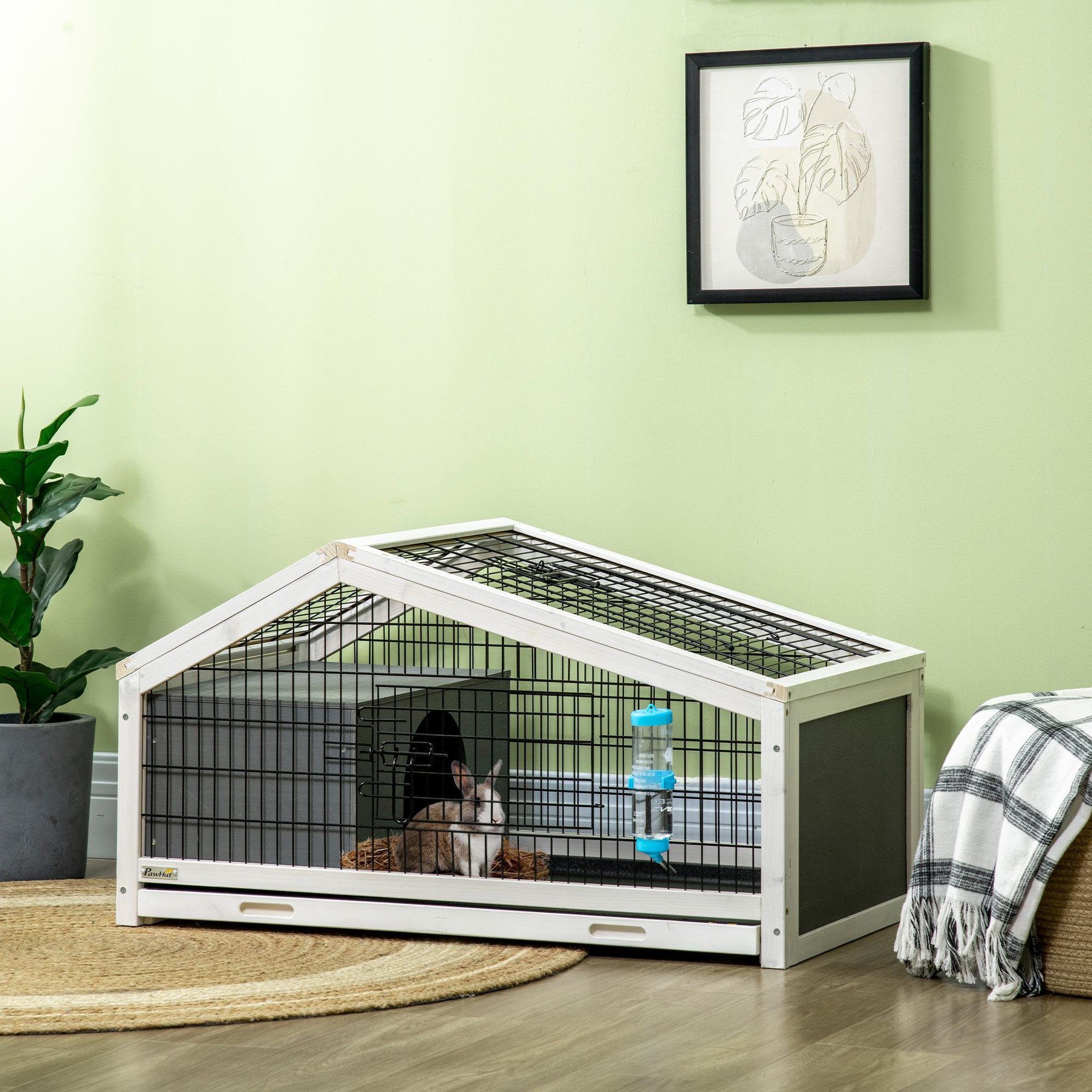 Voir la diapositive 2 : PAWHUT Clapier cage à lapin - niche, plateau déjection, porte et toit ouvrant verrouillables, abreuvoir - acier noir sapin gris blanc