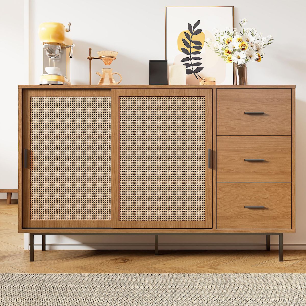 MERAX Buffet 2 porte(s) 3 tiroir(s) - 140 cm naturel panneau de particules