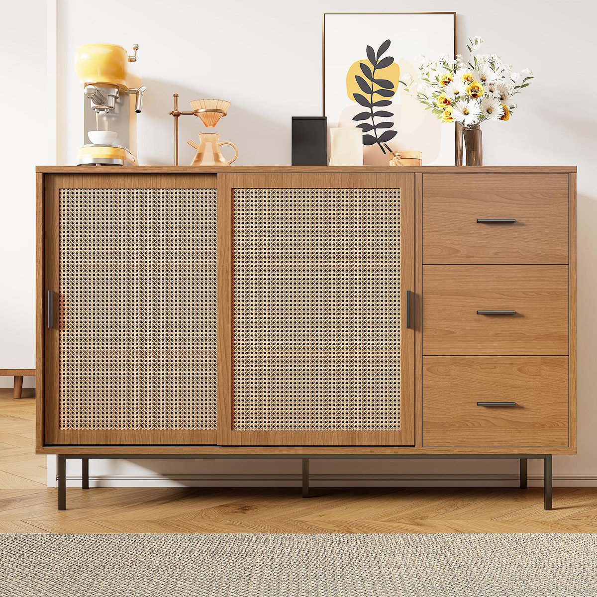 MERAX Buffet 2 porte(s) 3 tiroir(s) - 140 cm naturel panneau de particules