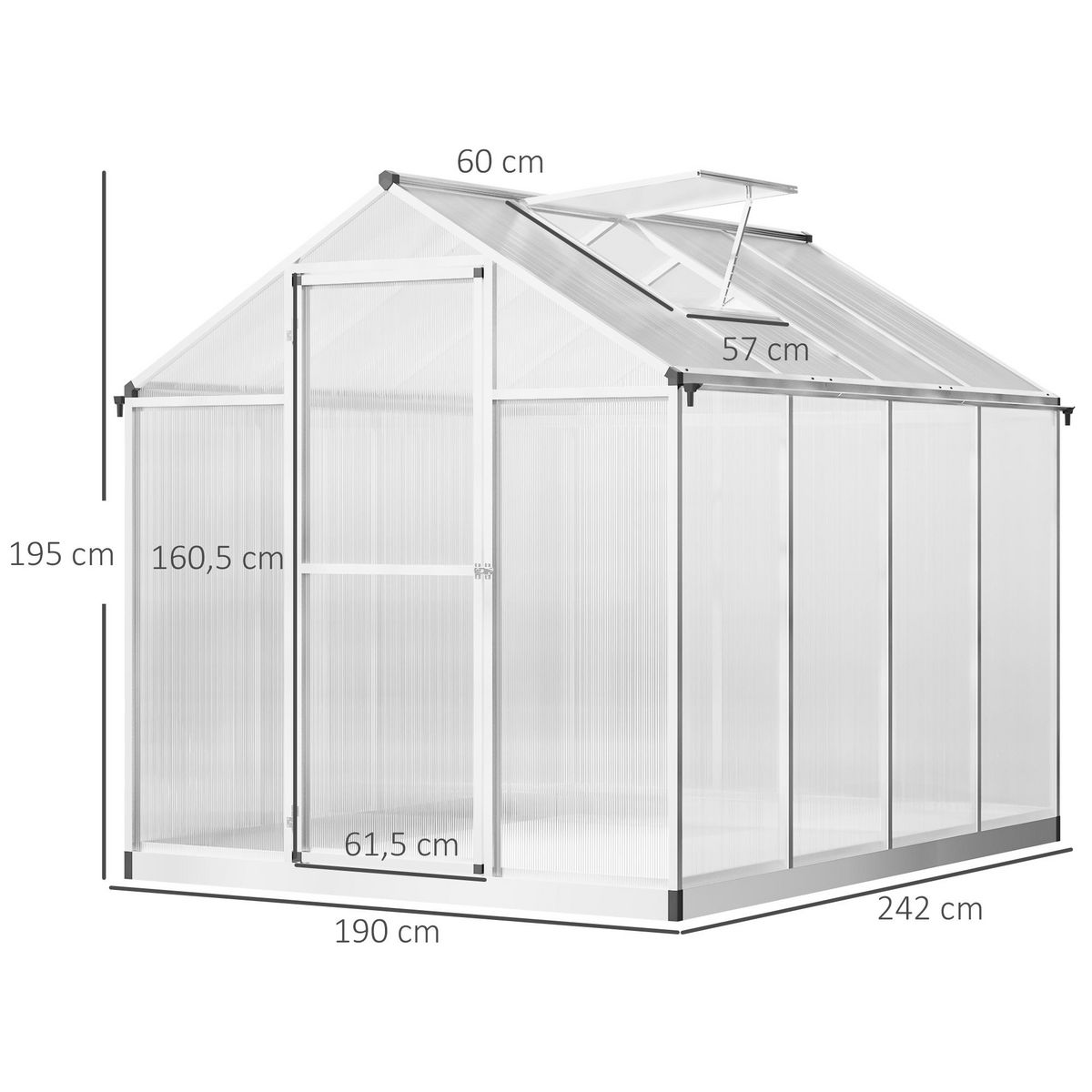 OUTSUNNY Serre de jardin aluminium polycarbonate 4,6 m² dim. 2,42L x 1,9l x 1,95H m fondation lucarne porte loquet