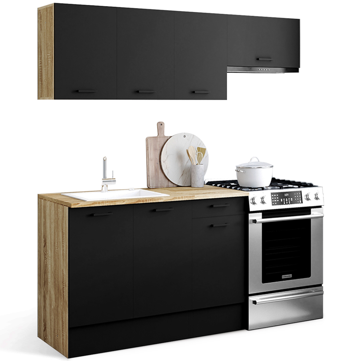 ID MARKET Cuisine complète 180 cm SUBTIL avec plan de travail 5 éléments bois et noir