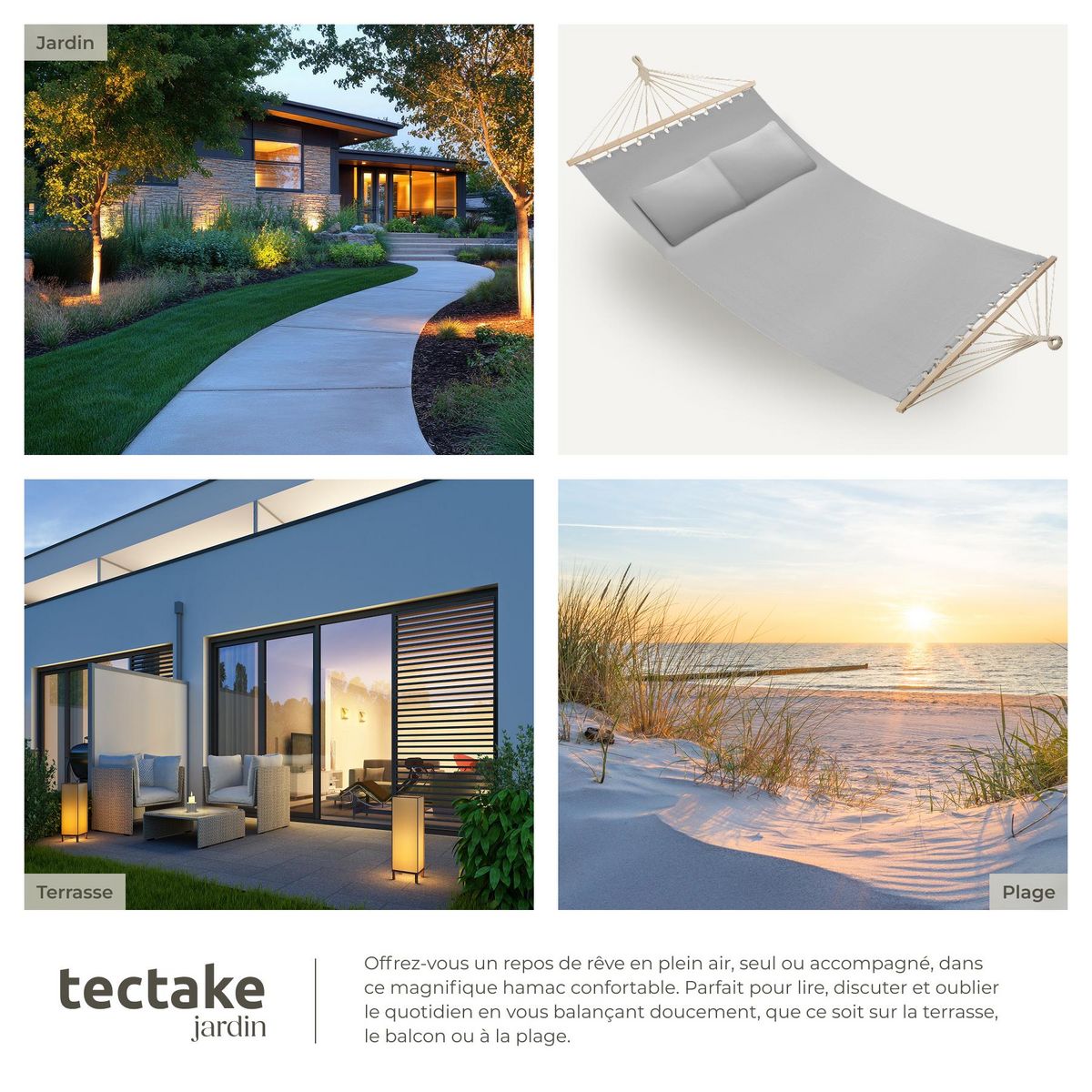 tectake Hamac avec barres d'expansion pour 2 personnes gris clair