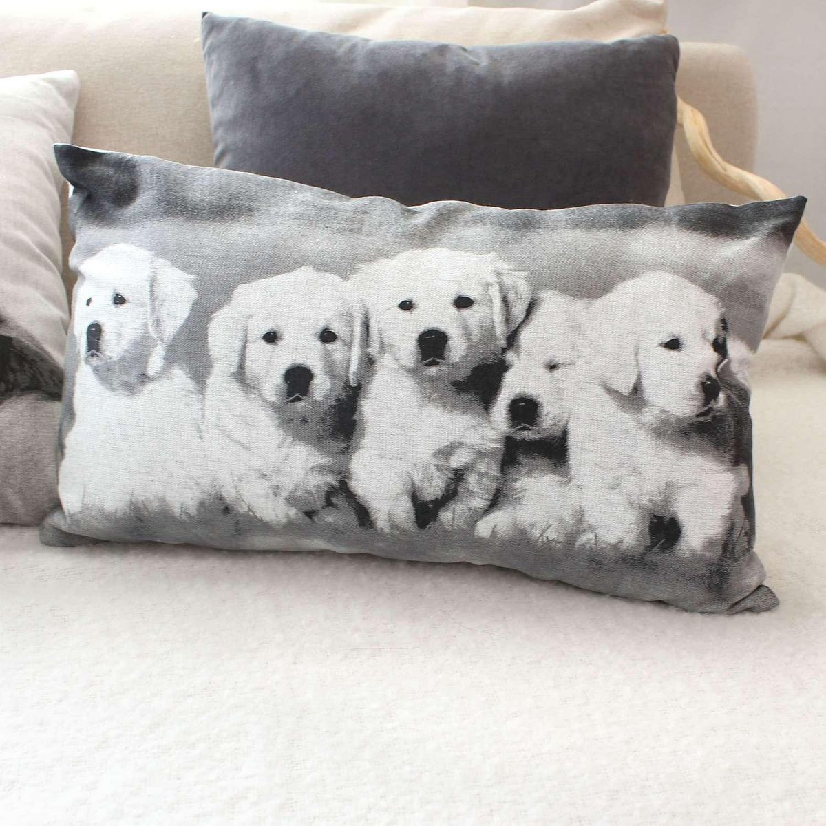 TOILINUX Coussin imprimé chiens - 30 x 50 cm - Noir et blanc