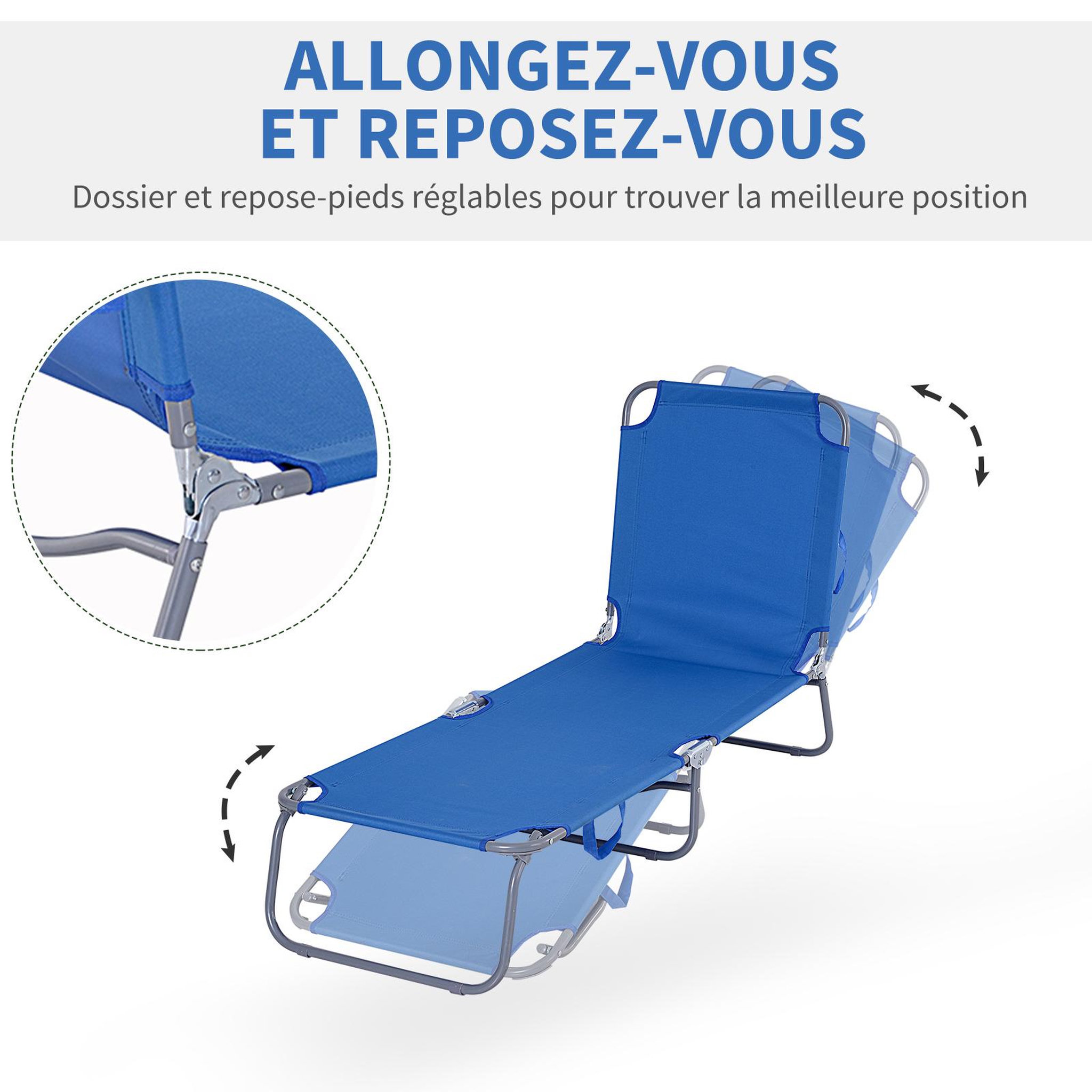 Voir la diapositive 4 : OUTSUNNY Bain de soleil transat pliable dossier réglable multipositions métal et polyester bleu