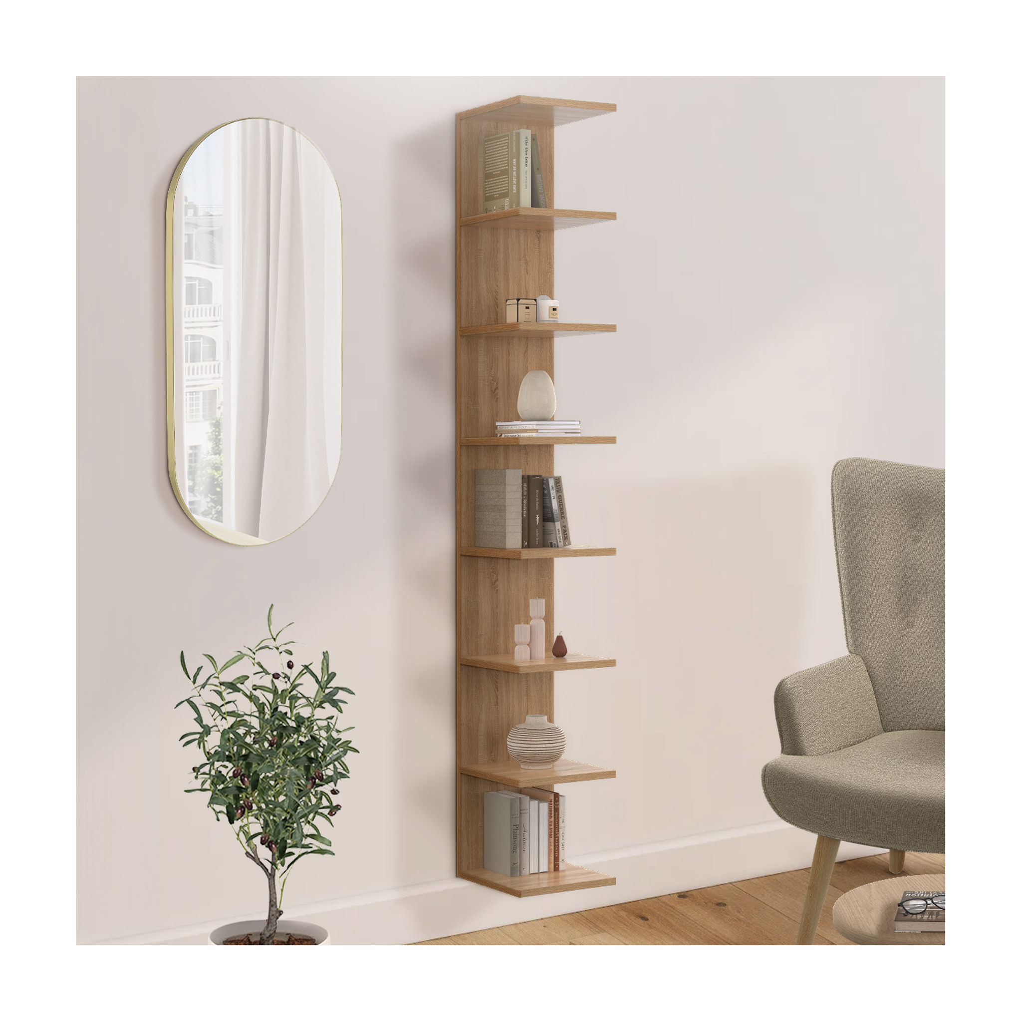 Voir la diapositive 2 : ID MARKET Etagère murale suspendue double position chiara 8 étagères façon hêtre 190 cm