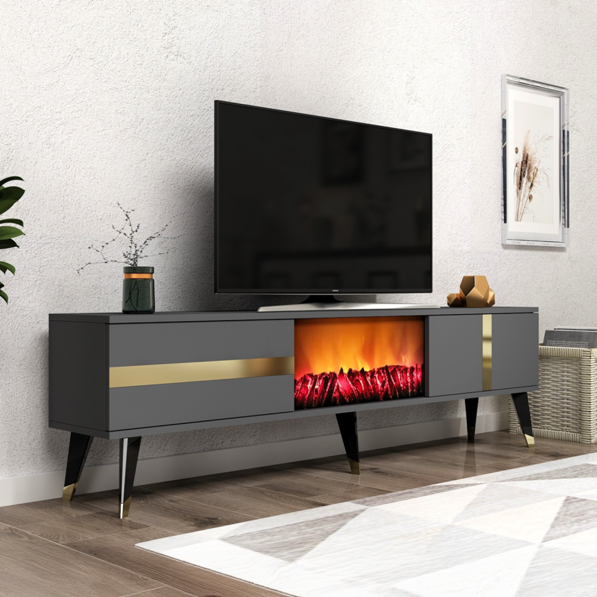 CONCEPT USINE Meuble TV avec cheminée LED 150cm gris anthracite SUNY