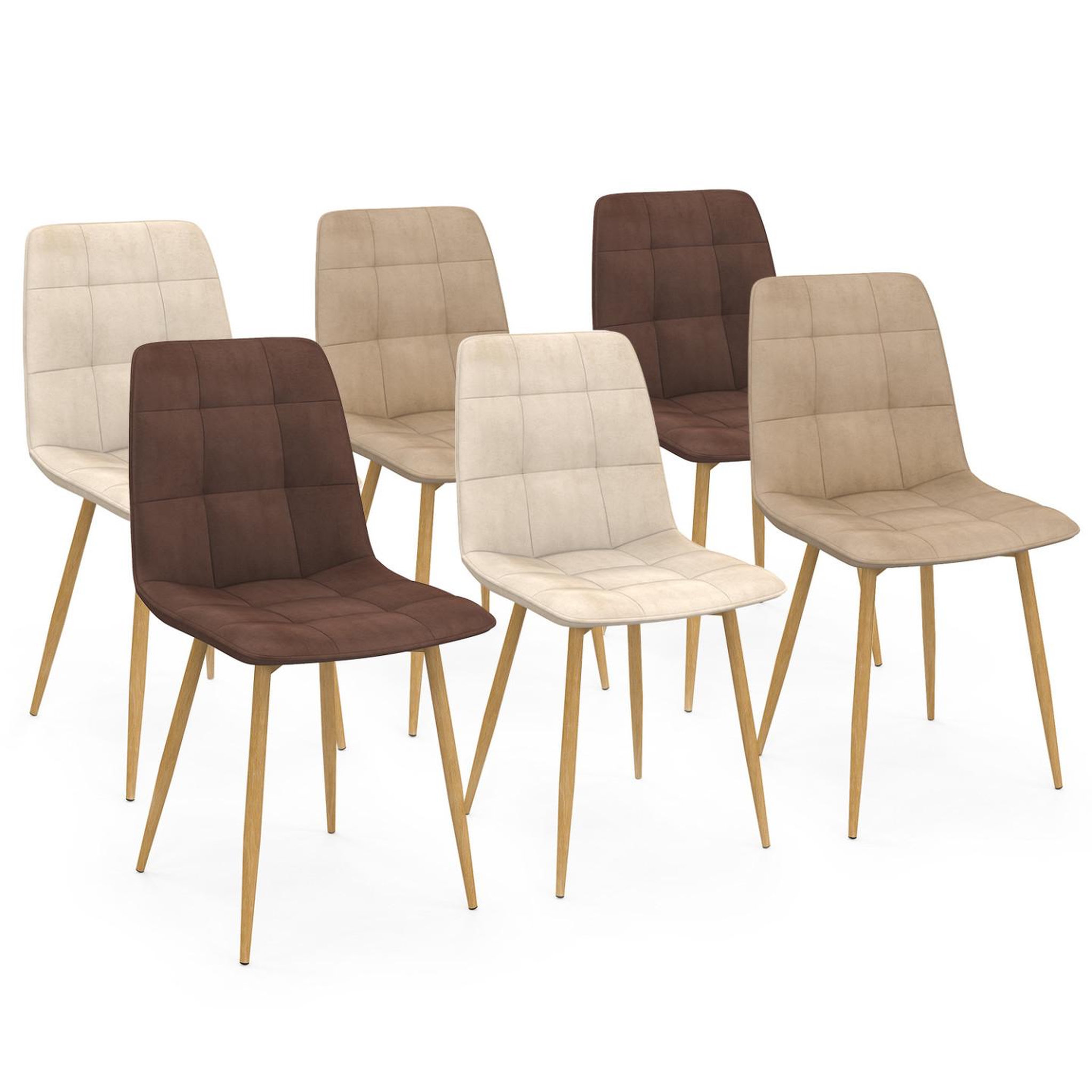 ID MARKET Lot de 6 chaises mila en velours mix color taupe x2, beige x2, marron x2 et pieds effet bois pour salle à manger