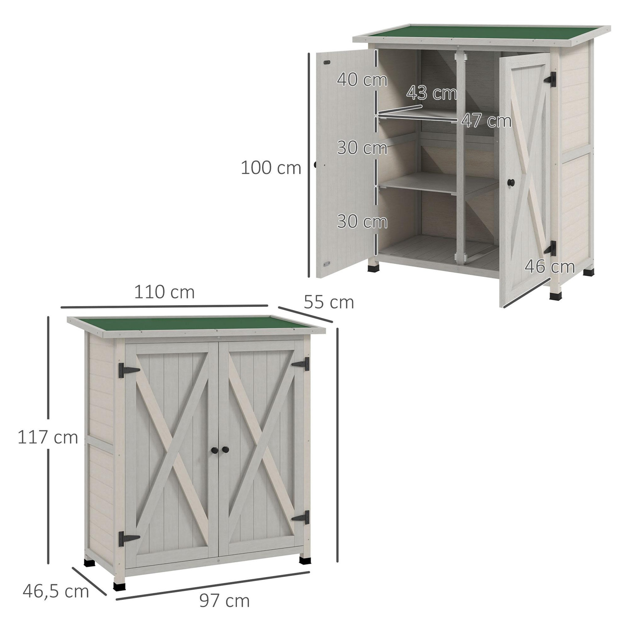 Voir la diapositive 3 : OUTSUNNY Abri de jardin armoire de jardin sur pied dim. 110L x 55l x 117H cm 2 étagères 2 portes toit bitumé bois sapin pré-huilé gris clair