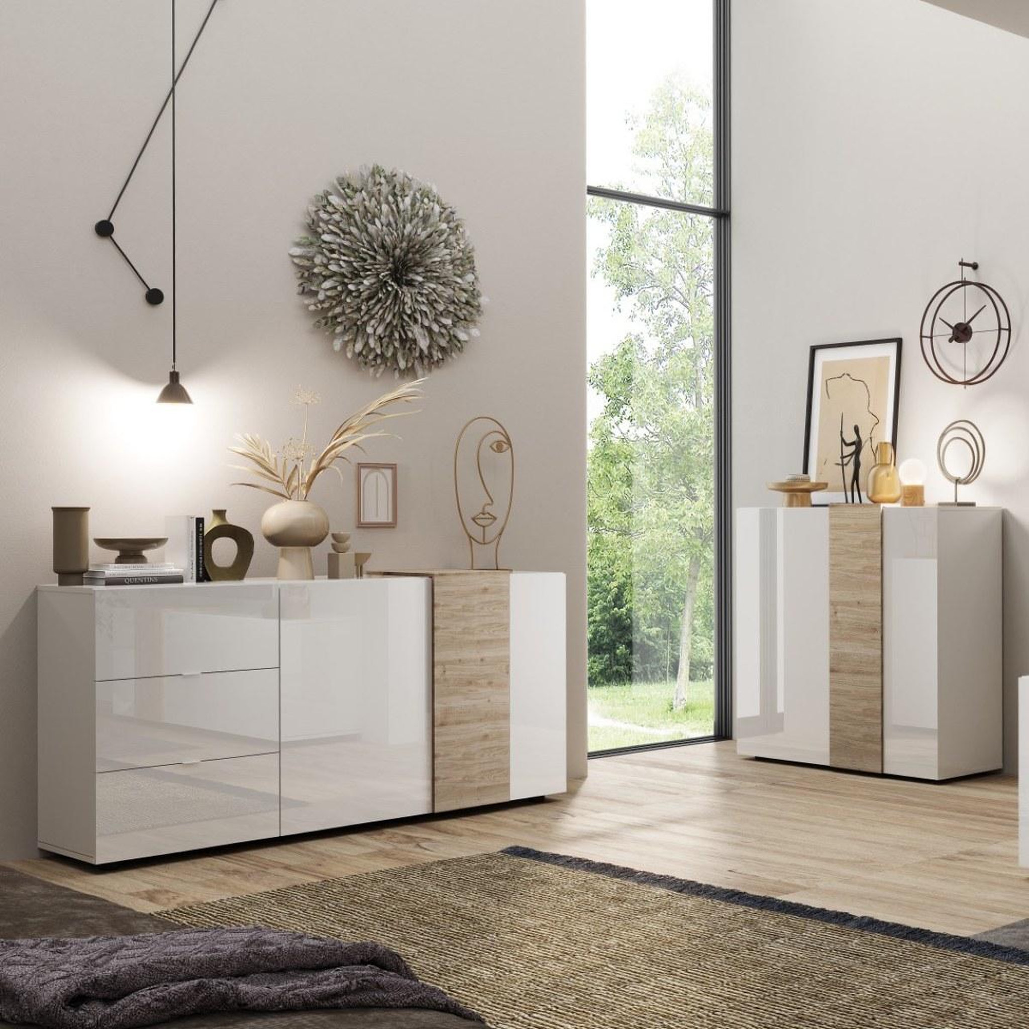 Voir la diapositive 4 : JLC KREATION Buffet haut moderne blanc et bois 2 portes SIA