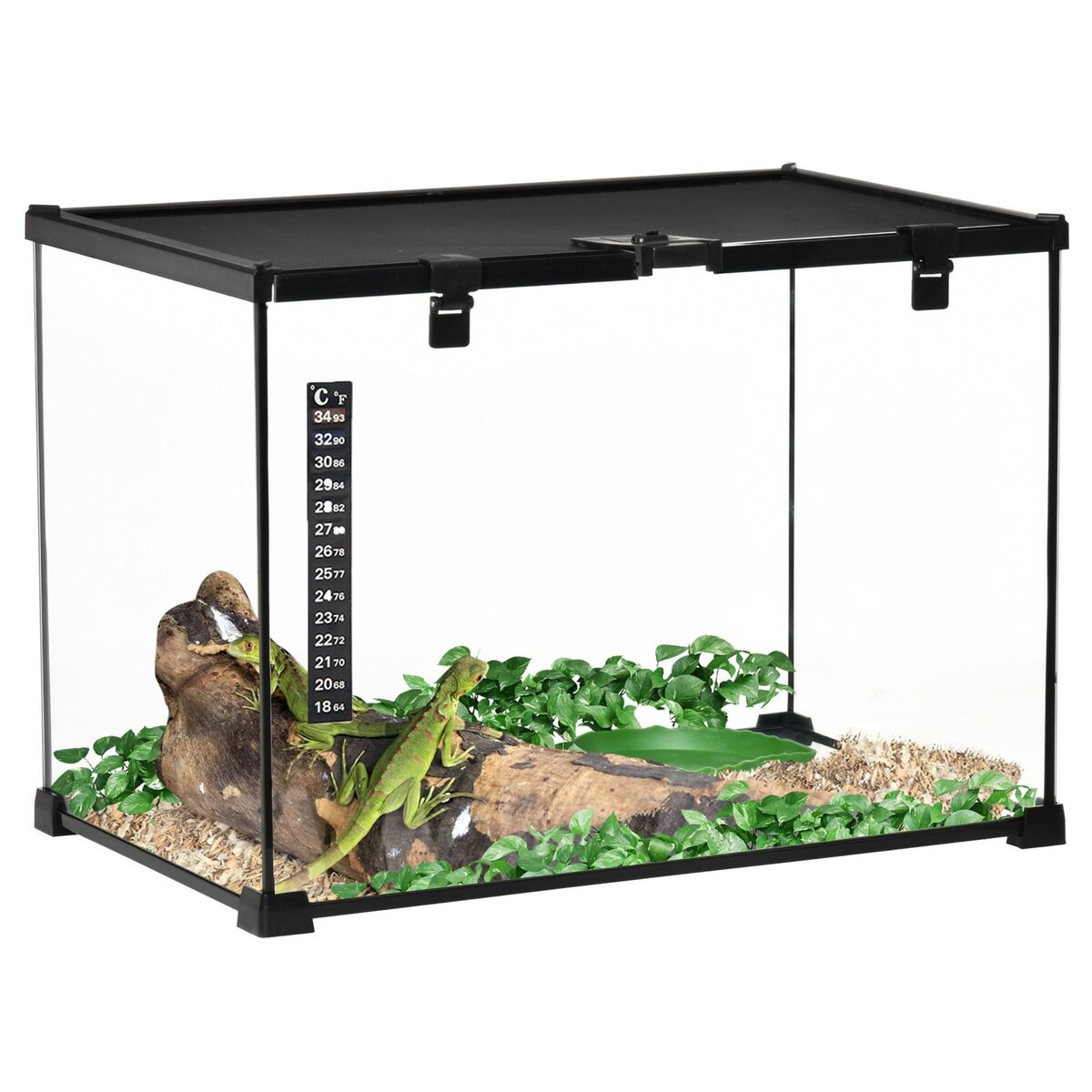 PAWHUT Terrarium en verre - vivarium reptiles & batraciens - habitat tortue - couvercle grillagé coulissant verrouillable - distributeur eau, thermomètre - métal noir verre