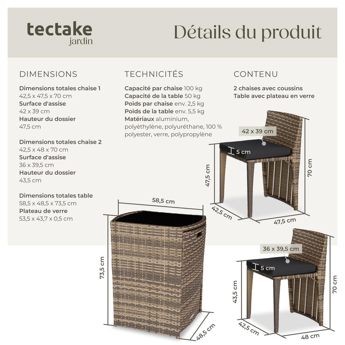 tectake Salon de jardin avec cadre en aluminium marron naturel