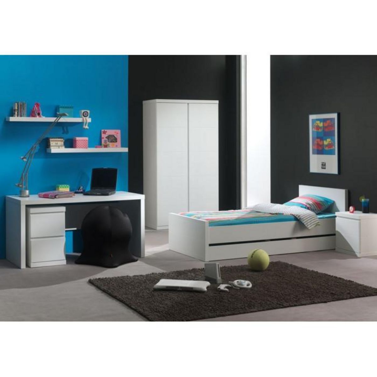 Paris Prix Pack - Lit Enfant, Chevet, Armoire & Bureau  Lara  90x200cm Blanc