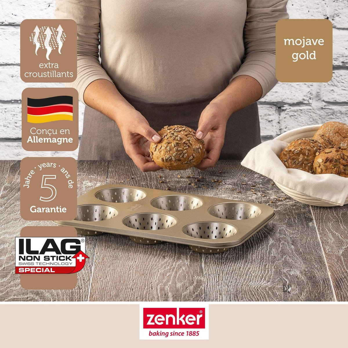 ZENKER Moule à petits pains individuels ronds 6 empreintes 33 x 22 cm Zenker Mojave Gold