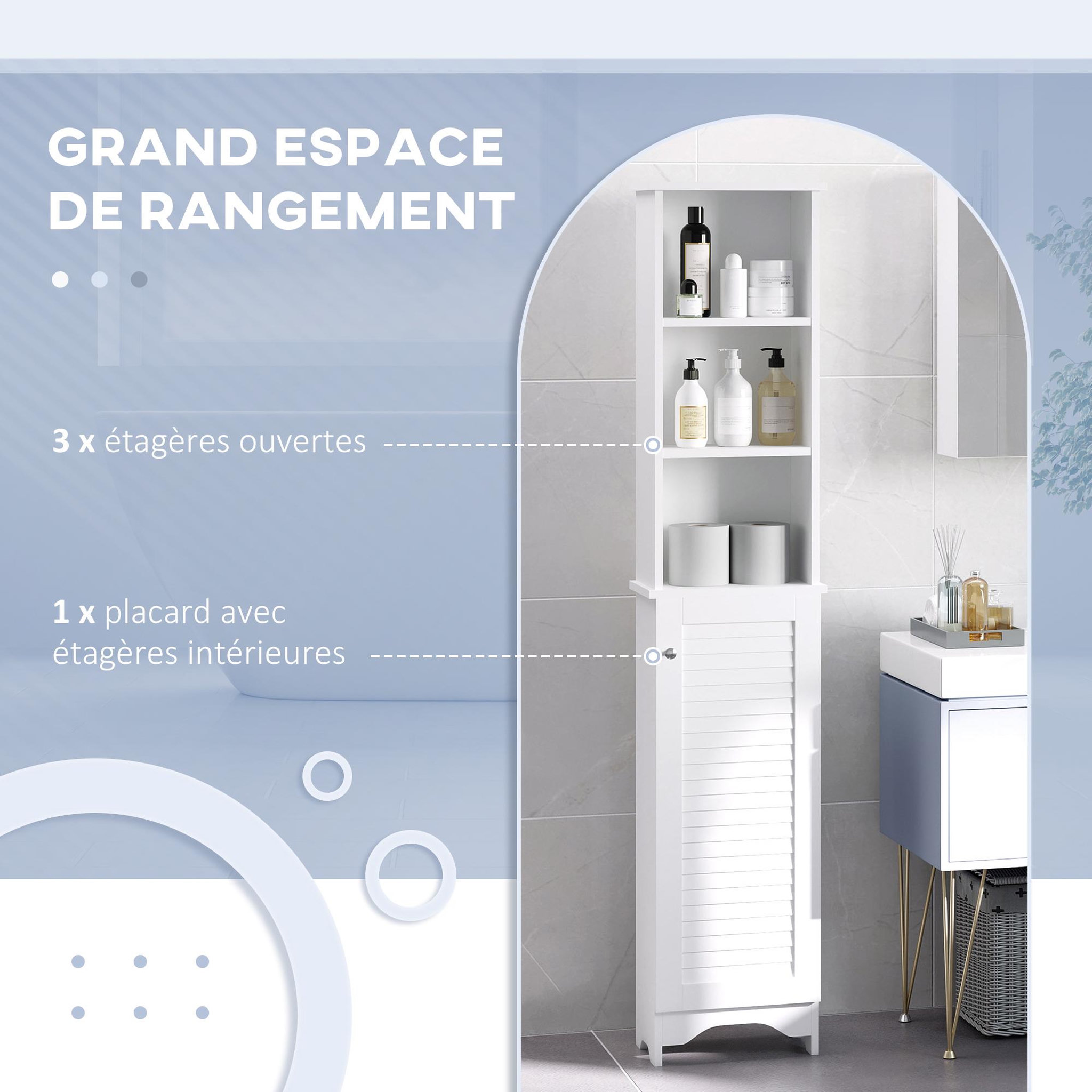 Voir la diapositive 5 : HOMCOM Meuble colonne salle de bain 3 niches placard porte persienne 3 étagères MDF panneaux de particules blanc