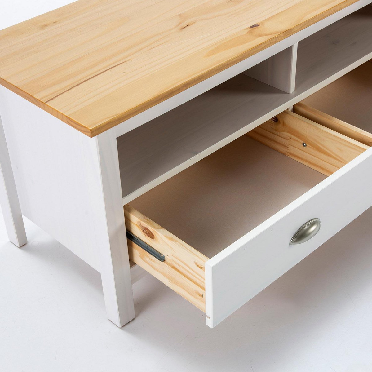 VS VENTA-STOCK Meuble TV Bora Bora 3 tiroirs, Fabriqué en Bois de pin Massif, Blanc, 158 cm