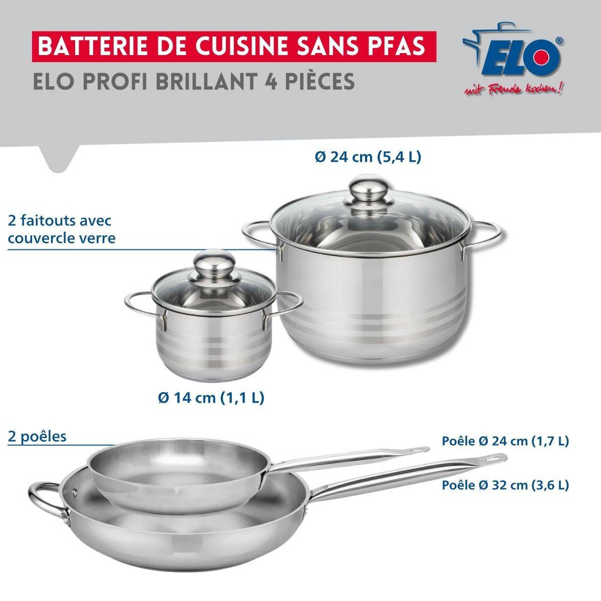 Voir la diapositive 2 : ELO Ensemble de 2 poêles de cuisson 24 et 32 cm et 2 faitouts 14 et 24 cm elo profi brillant