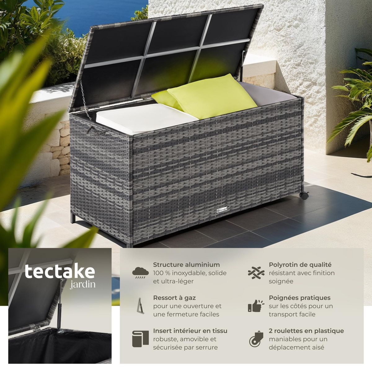 tectake Coffre de jardin caisse de rangement pour coussins 297 l, avec cadre en aluminium et tressage en rotin gris