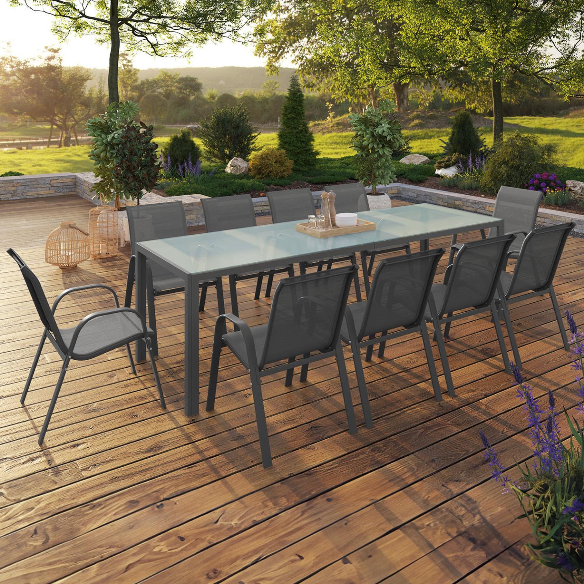 Voir la diapositive 2 : ID MARKET Salon de jardin madrid table 240 cm et 10 chaises empilables gris anthracite plateau clair