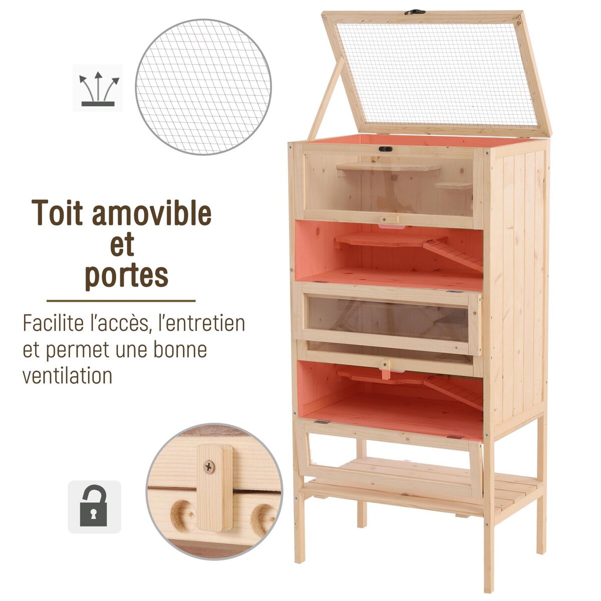 PAWHUT Cage pour hamsters souris petits rongeurs multi-niveaux 5 étages 10 plateformes bois de pin 60 x 40 x 120 cm