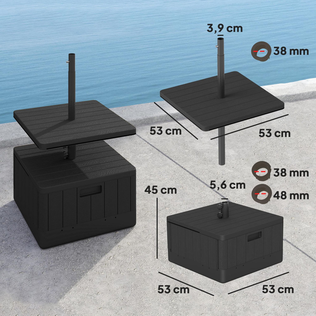 OUTSUNNY Pied de parasol design table basse d'appoint - plateau, étagère, roulettes - HDPE effet bois noir