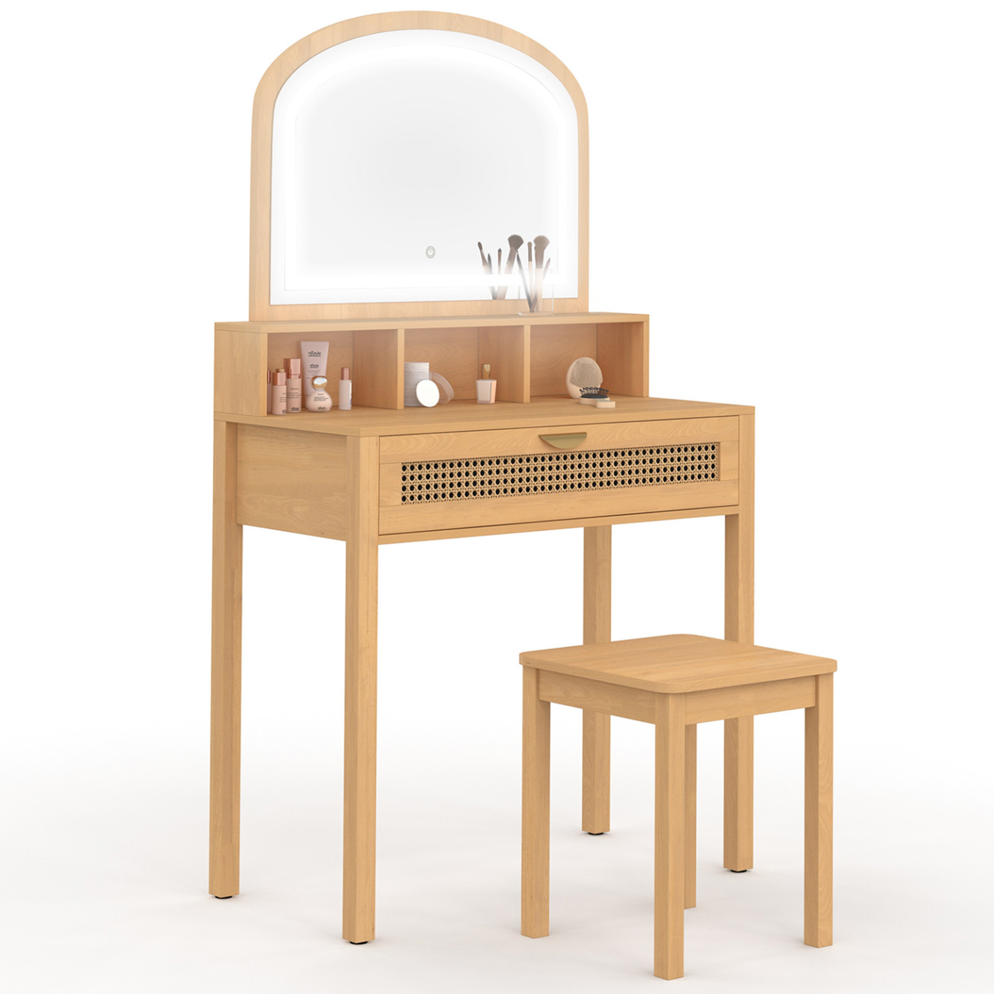 ID MARKET Coiffeuse edhen avec miroir led, 1 tiroir, 3 niches et tabouret effet cannage naturel et bois