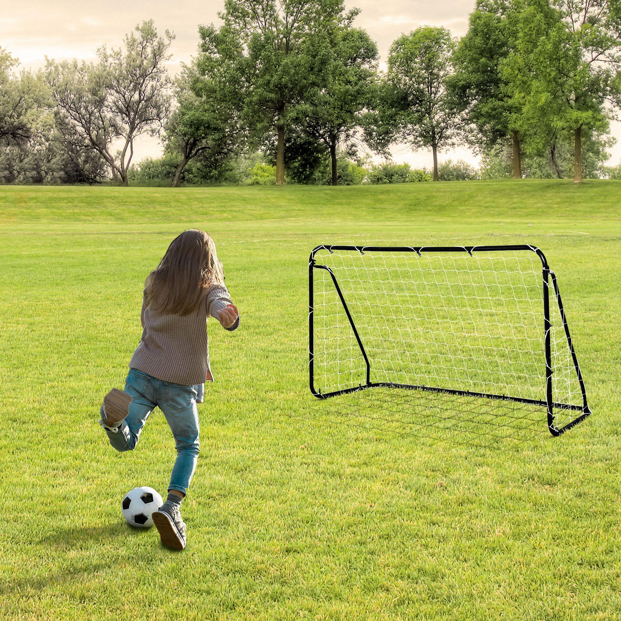 Voir la diapositive 2 : HOMCOM But de football - cage de foot - but futsal dim. 203l x 81l x 120h cm - châssis métal époxy filet polyester - piquets inclus - noir