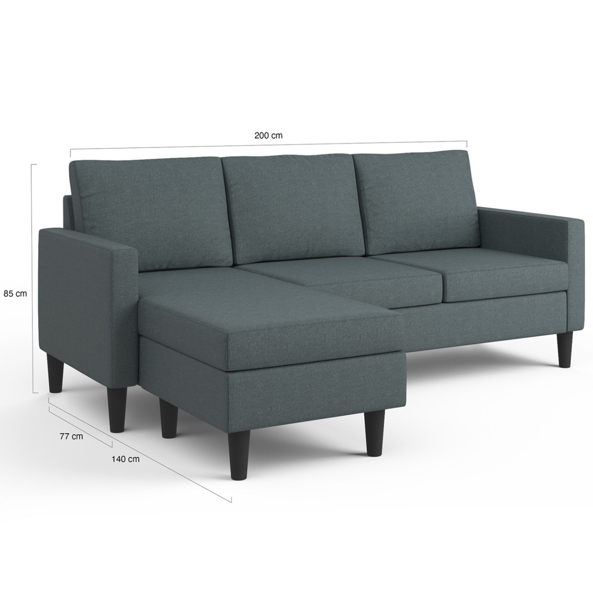 ID MARKET Canapé d'angle 3 places MARIUS 200 cm réversible gris anthracite