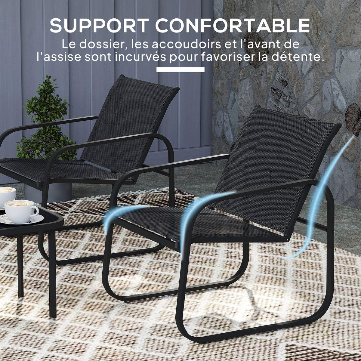 OUTSUNNY Ensemble bistrot de jardin relax 2 personnes 3 pièces plateau verre trempé acier textilène noir