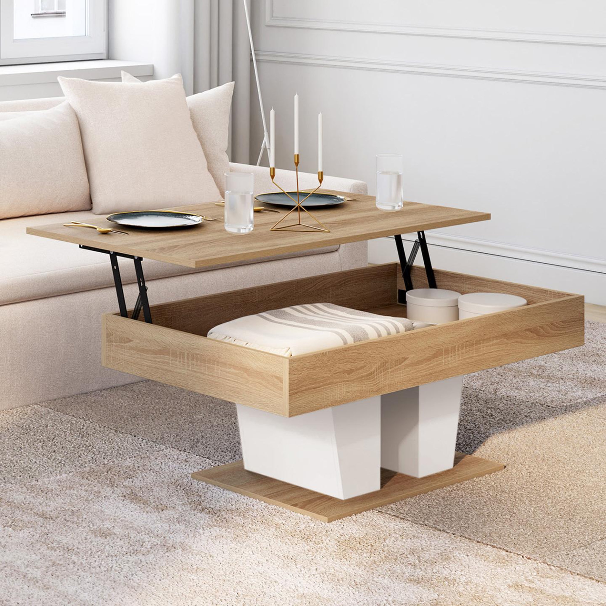 Voir la diapositive 2 : ID MARKET Table basse plateau relevable rectangulaire eliad bois et blanc