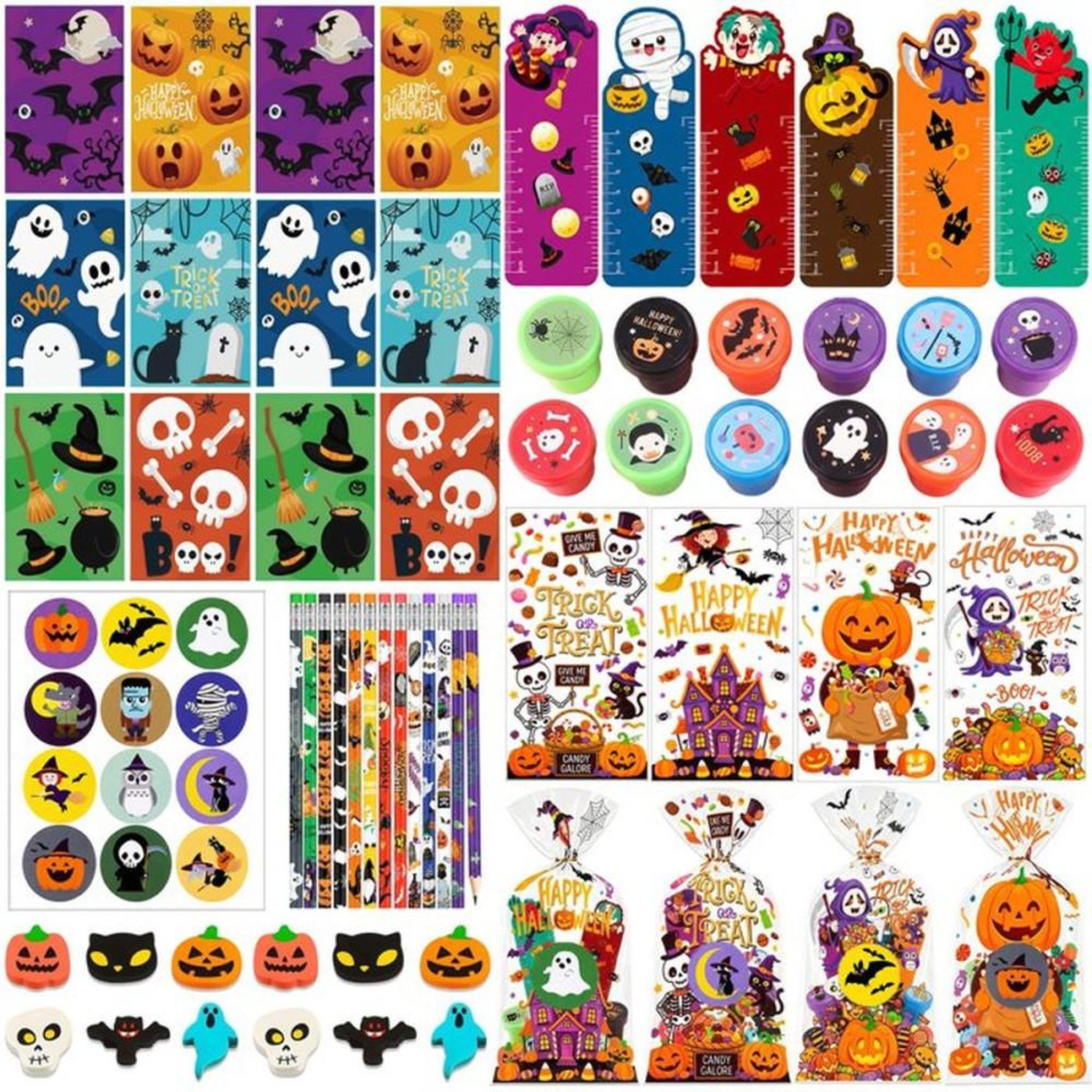 Kit de remplissage pour piñata Halloween 84 pièces : stickers, badges, sacs à bonbons et accessoires