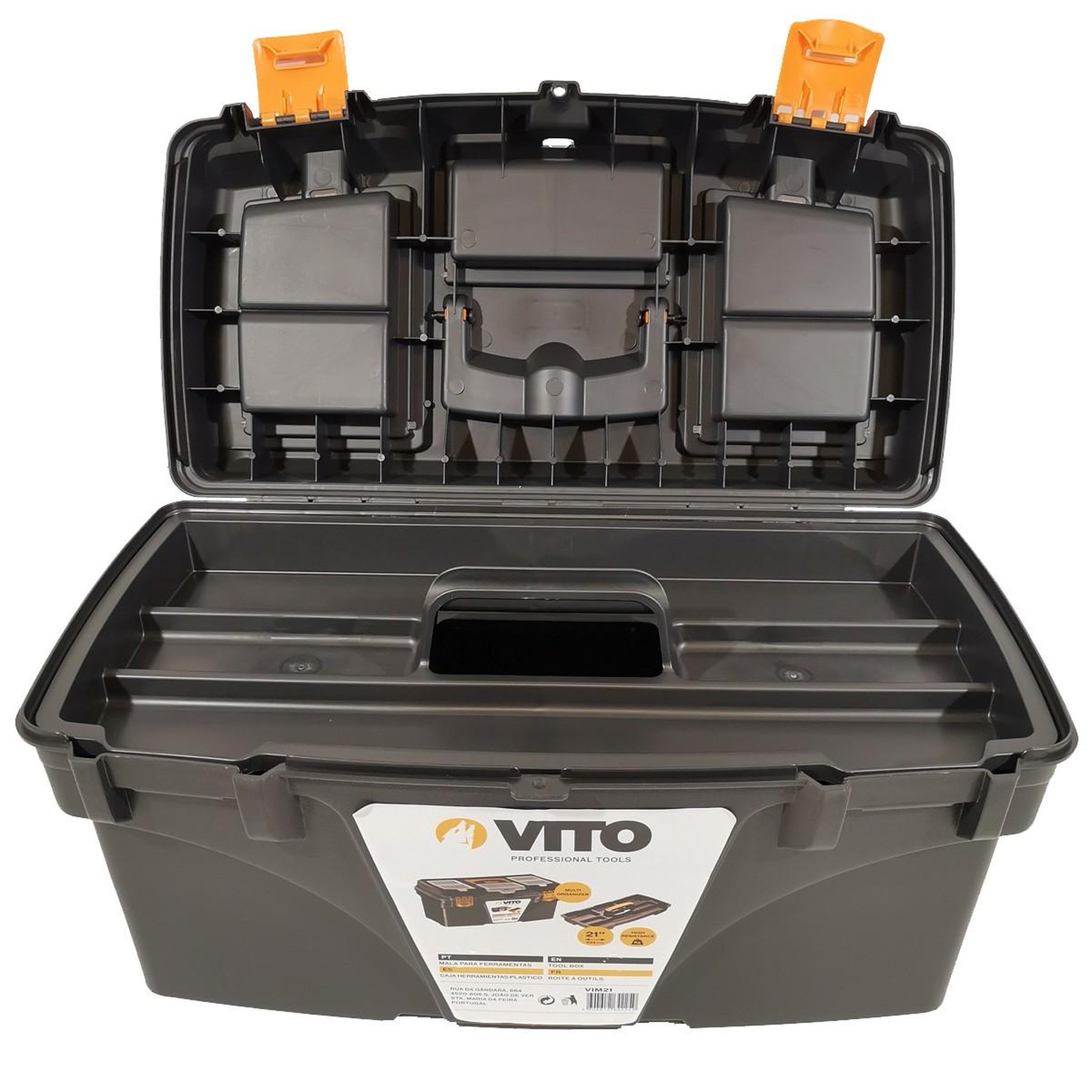 Voir la diapositive 5 : VITO Boite à outils vide 21  53.5 x 29.1 x 28 cm - grande caisse à outils 3 organiseurs + porte outils amovible vito