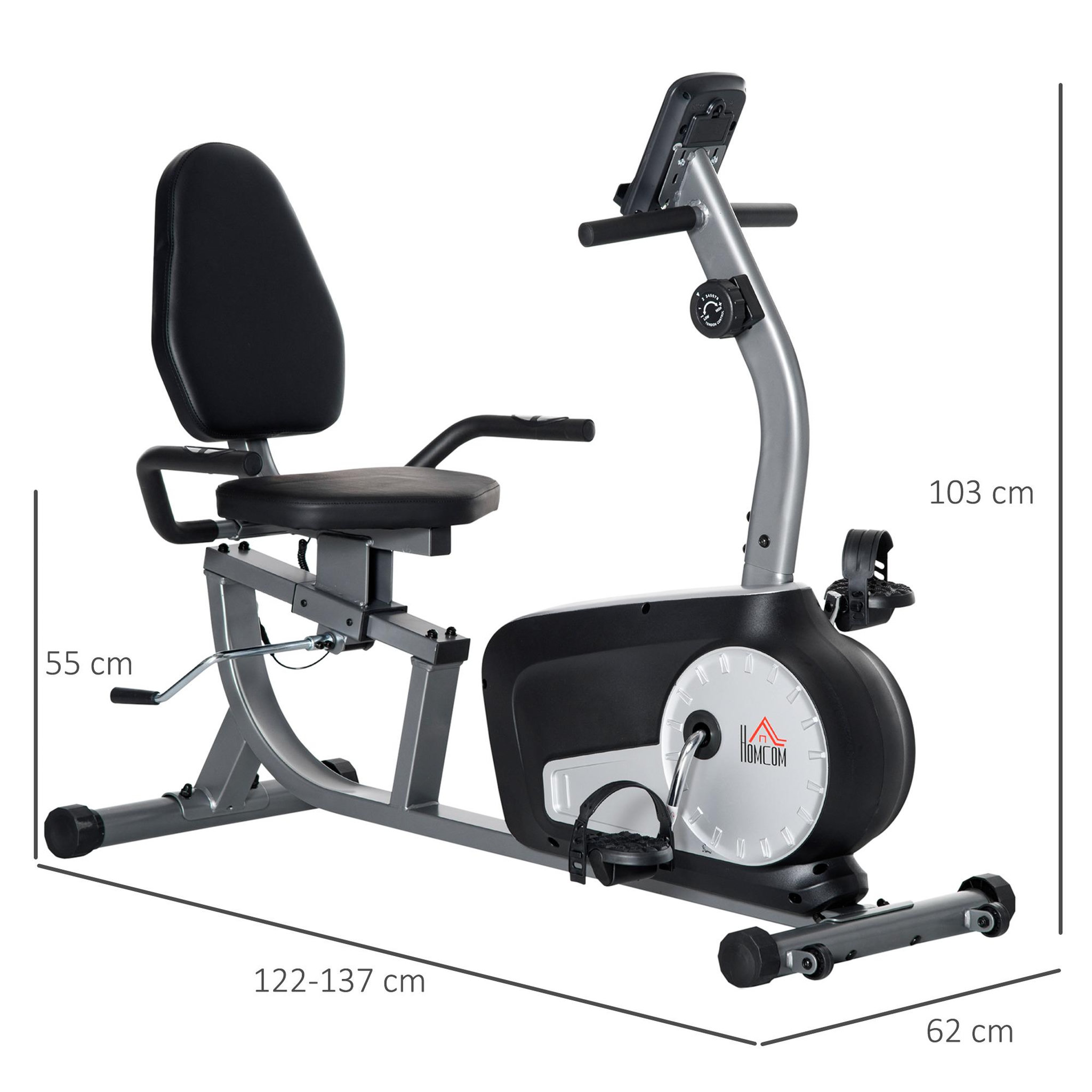 Voir la diapositive 3 : HOMCOM Vélo d'appartement semi-allongé magnétique écran LCD multifonction selle dossier résistance réglable acier ABS gris noir