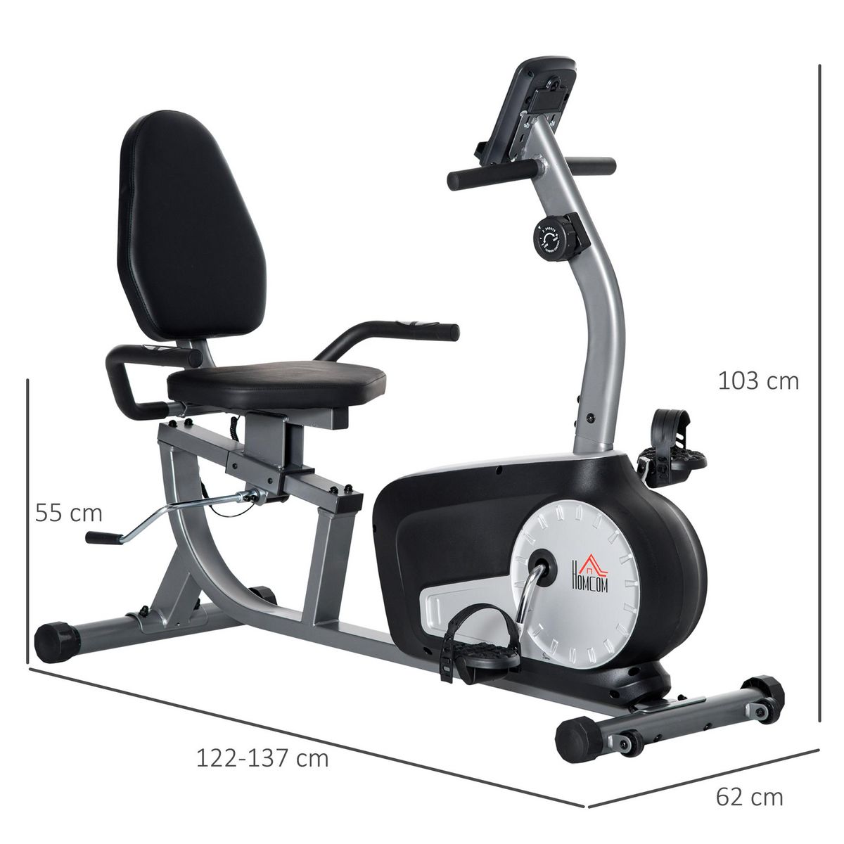 HOMCOM Vélo d'appartement semi-allongé magnétique écran LCD multifonction selle dossier résistance réglable acier ABS gris noir
