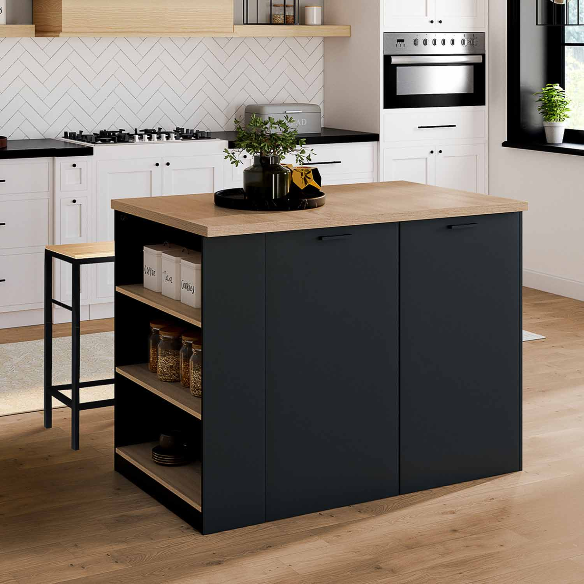 Voir la diapositive 2 : ID MARKET Ilot central tibo 120 cm bois noir avec plan de travail façon hêtre
