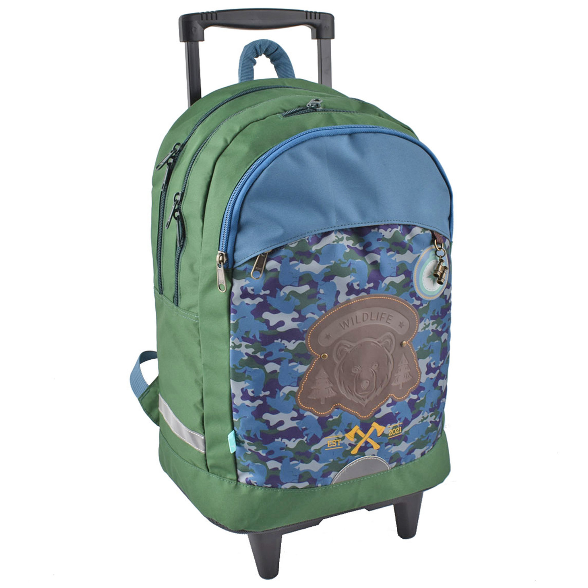Voir la diapositive 3 : AUCHAN Sac à dos à roulettes kaki CAMP FIRE