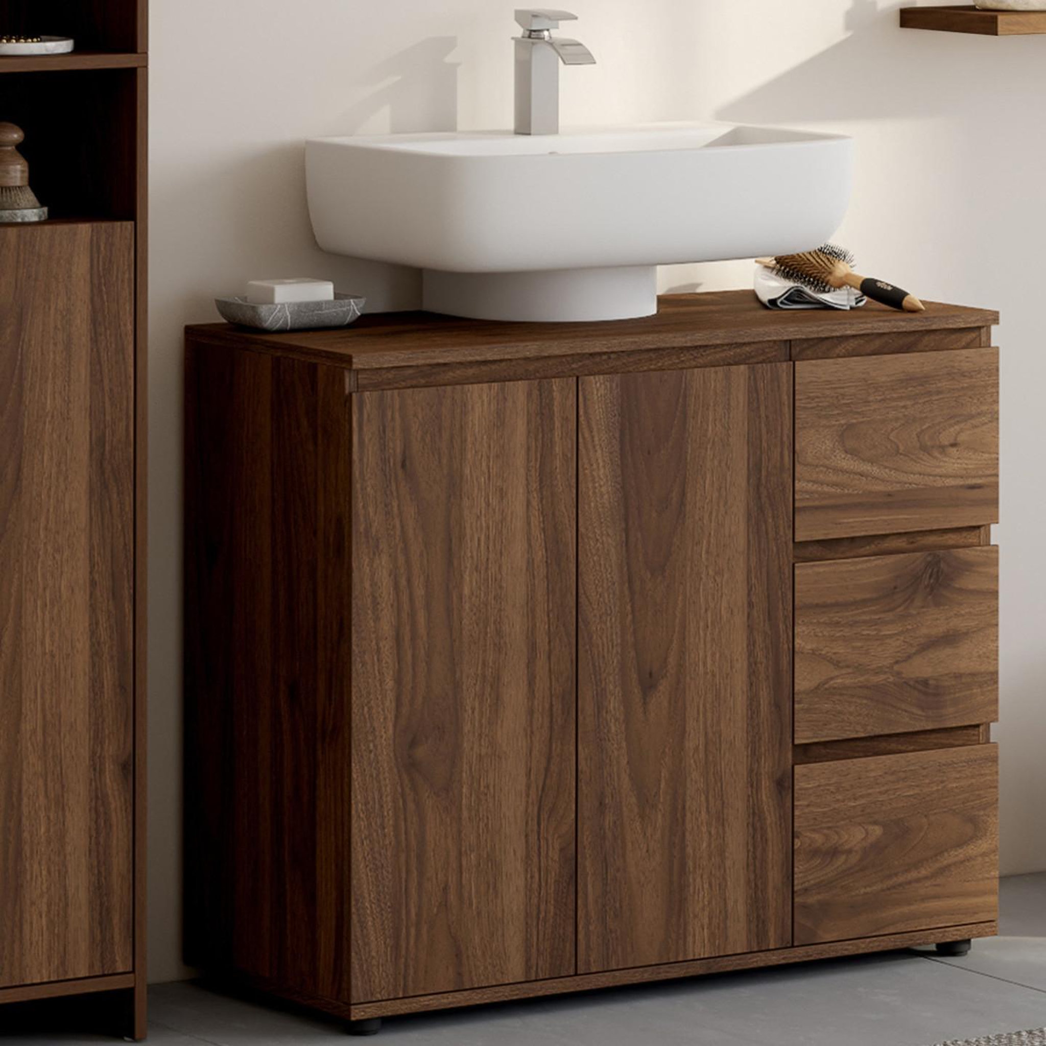 Voir la diapositive 2 : ID MARKET Meuble sous lavabo salle de bain tomi avec placard et 3 tiroirs effet noyer