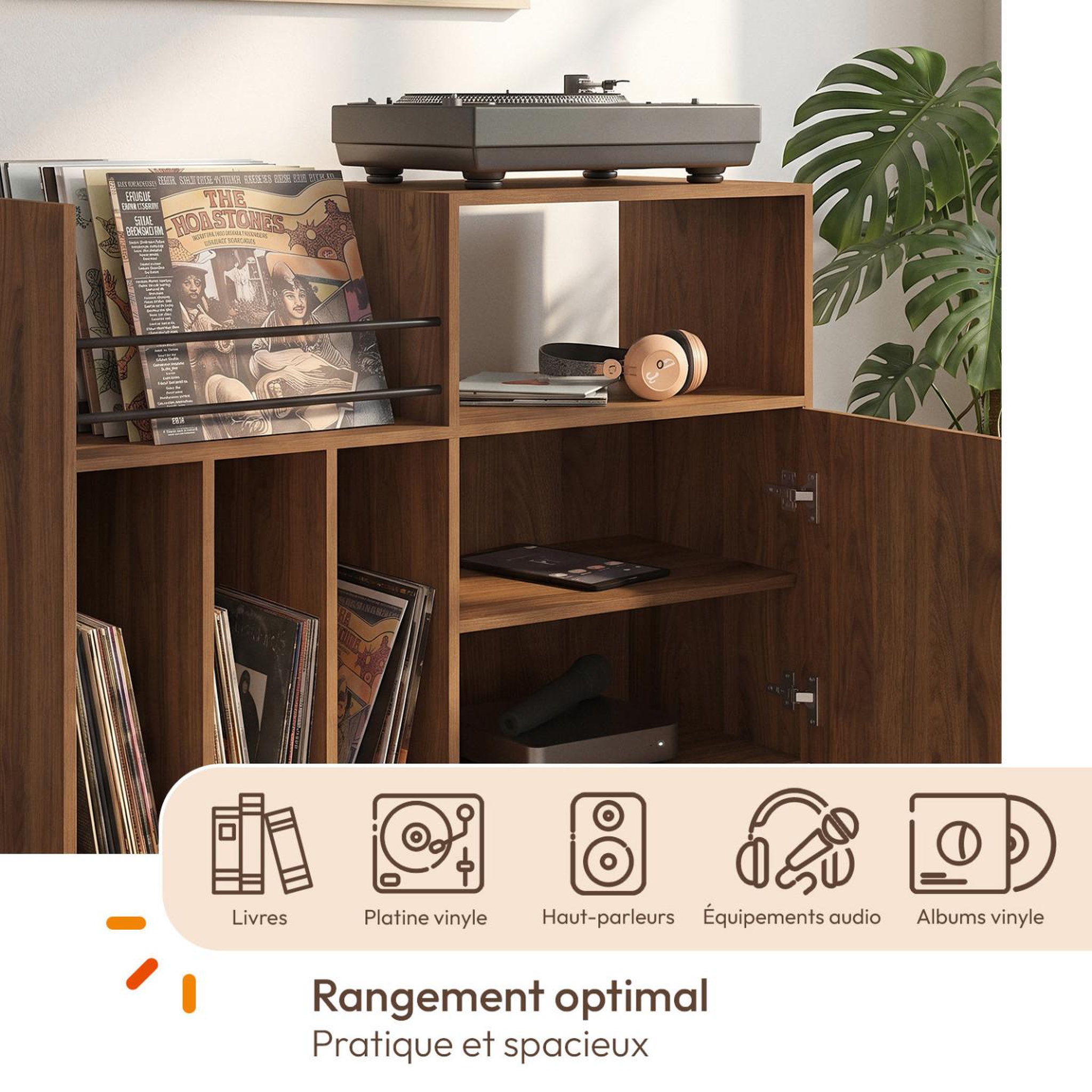 Voir la diapositive 5 : ID MARKET Meuble d'appoint, buffet de rangement avec étagères, supports vinyles, platine et placard 90 cm JULIETTE lattes bois effet noyer