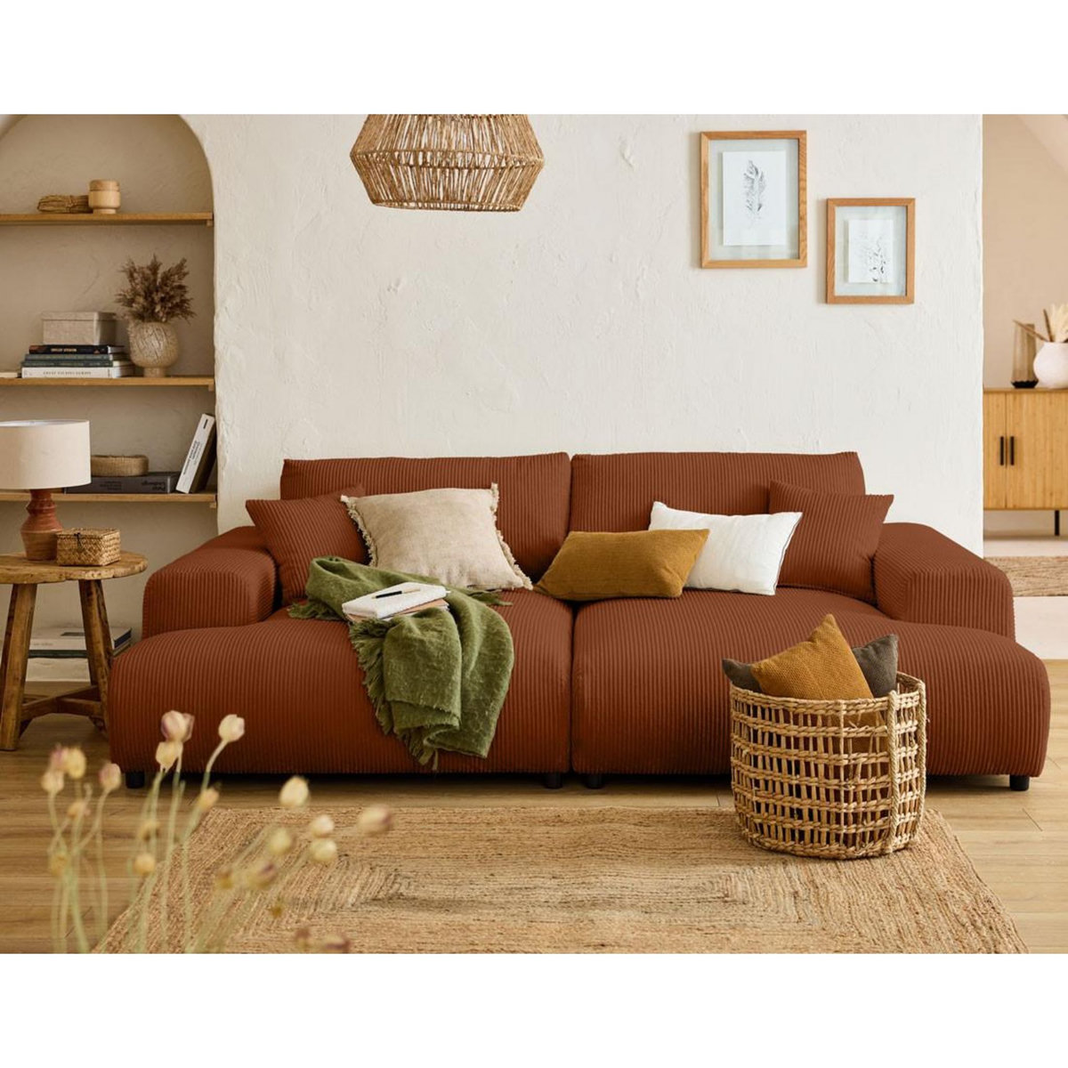 LISA DESIGN Garance - canapé droit 4 places double méridienne - assise profonde - en velours côtelé