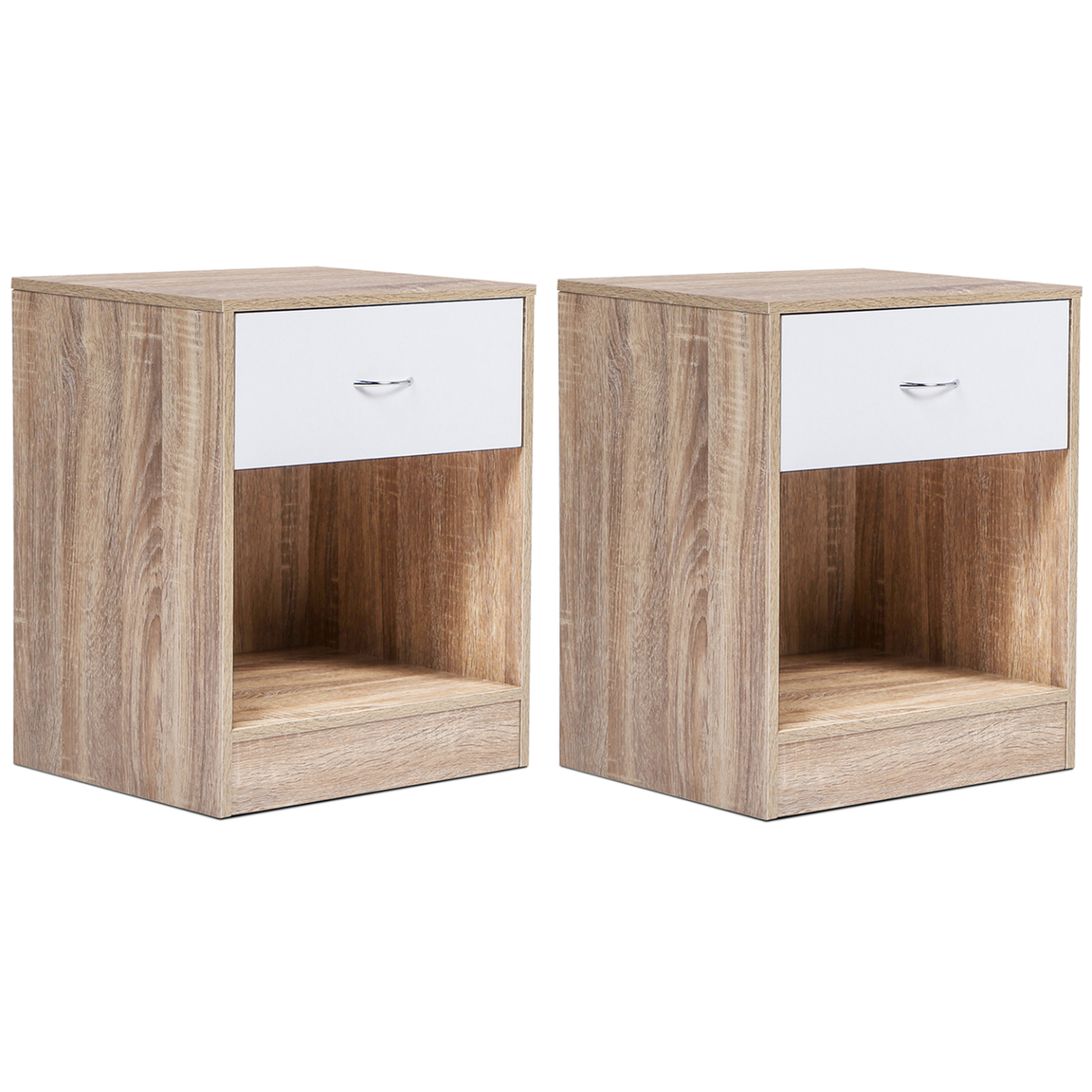 ID MARKET Lot de 2 tables de chevet olga 1 tiroir avec niche bois façon hêtre et tiroir blanc