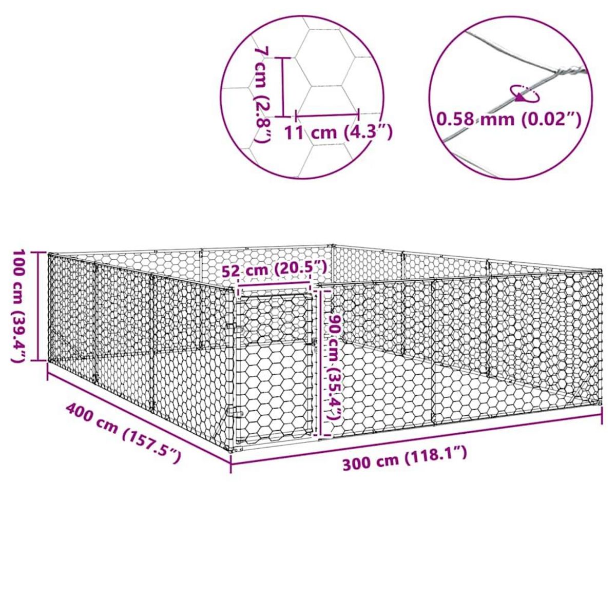 VIDAXL Chenil d'exterieur pour chiens porte 3x4x1 m acier galvanise