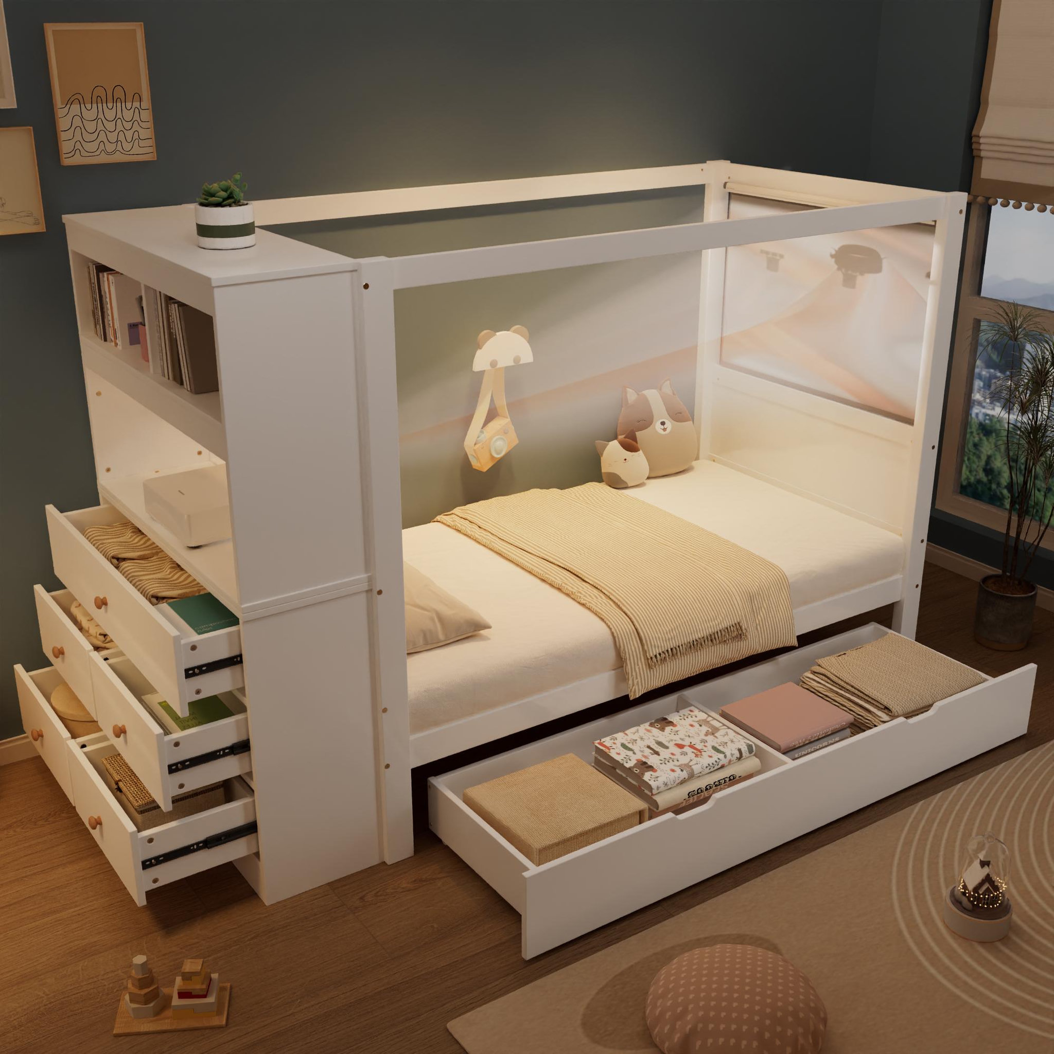Voir la diapositive 5 : MERAX Lit avec rangement 90x200cm bois coloris blanc
