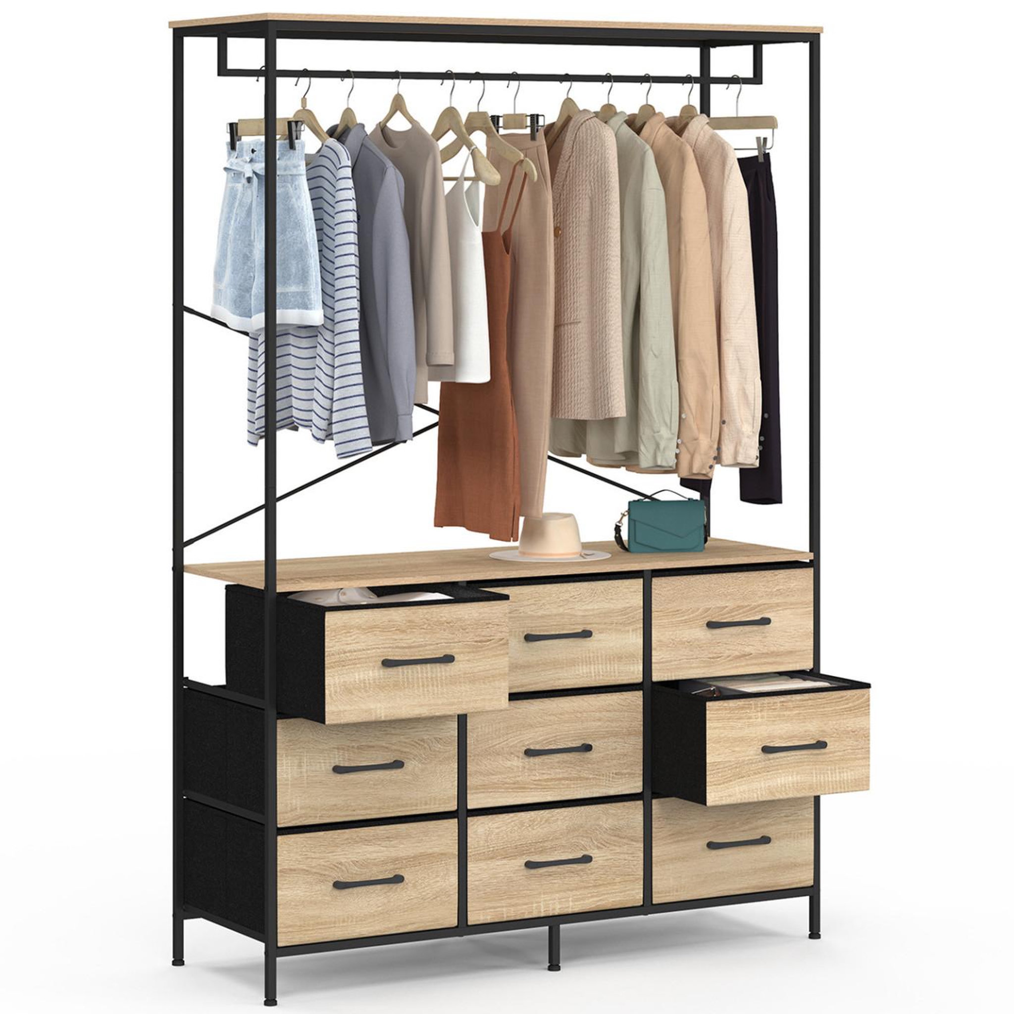 ID MARKET Dressing penderie l. 113 cm utah avec 9 bacs en tissu bois et noir